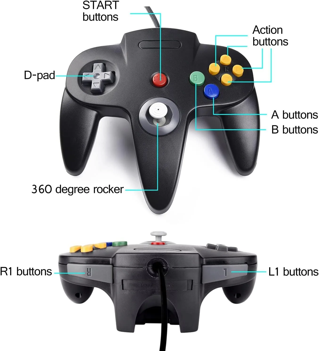 2 Pack USB Wired N64 Controller, miadore Classic N64 PC Gamepad Joystick Controller for Windows PC MAC Linux Raspberry Pi 3 (Black/Red)