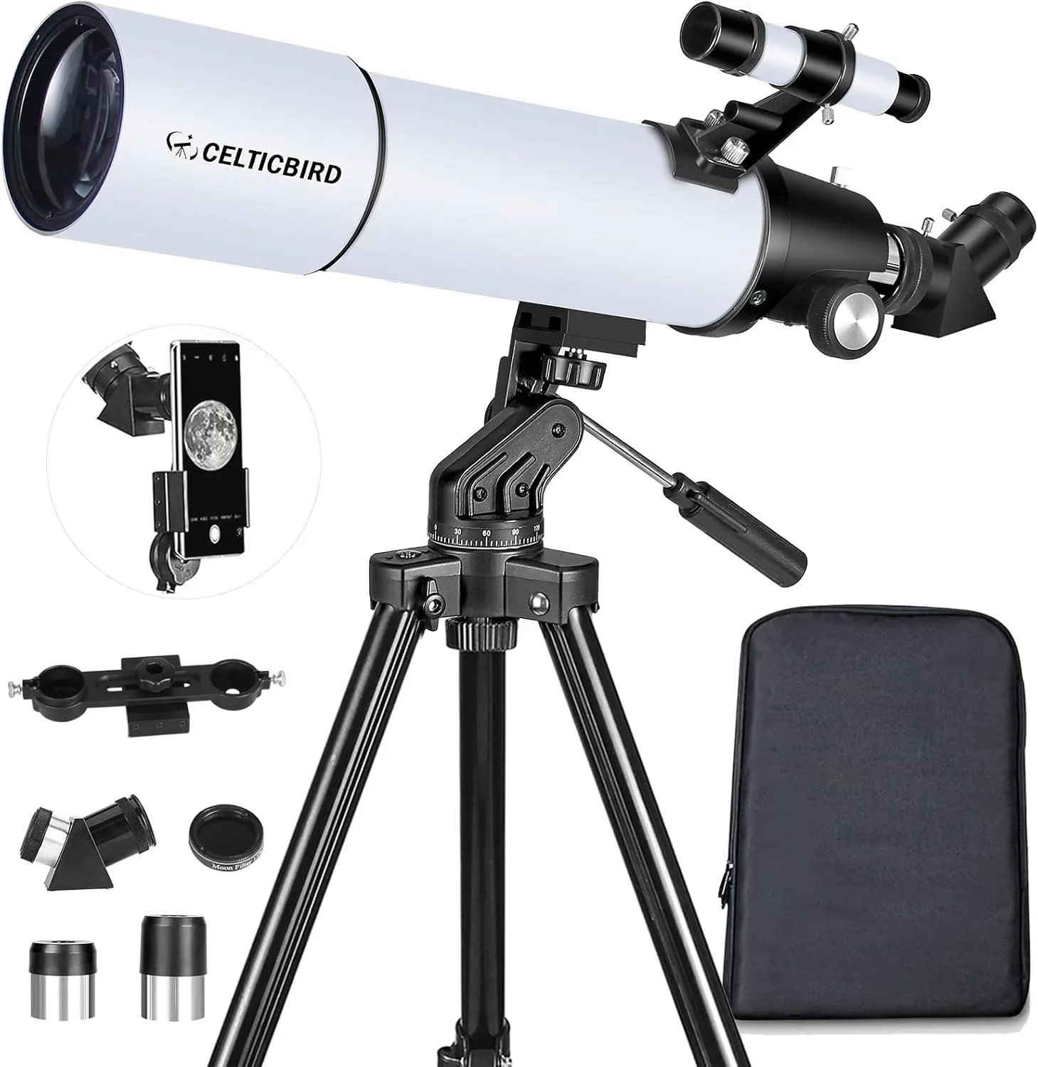 Telescopio Celticbird 80mm Apertura 600mm Focal Refractor con Trípode y Adaptador