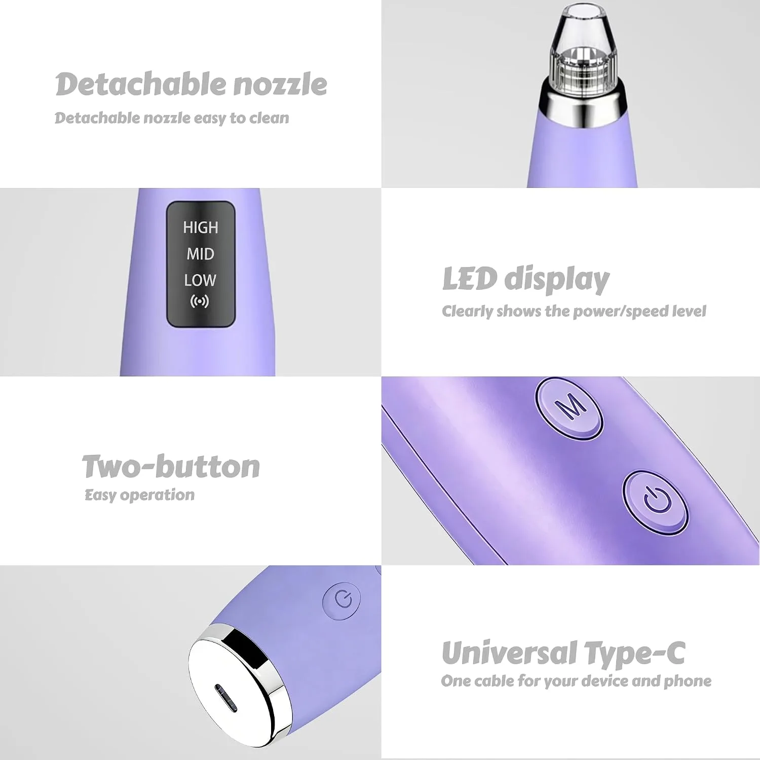 Pore Vacuum for Face & Nose - Blackhead Remover with 3 Adjustable Suction Levels, 6 Interchangeable Probes, USB-C Rechargeable, Portable Pimple Extractor Kit for Whitehead Removal (Purple)