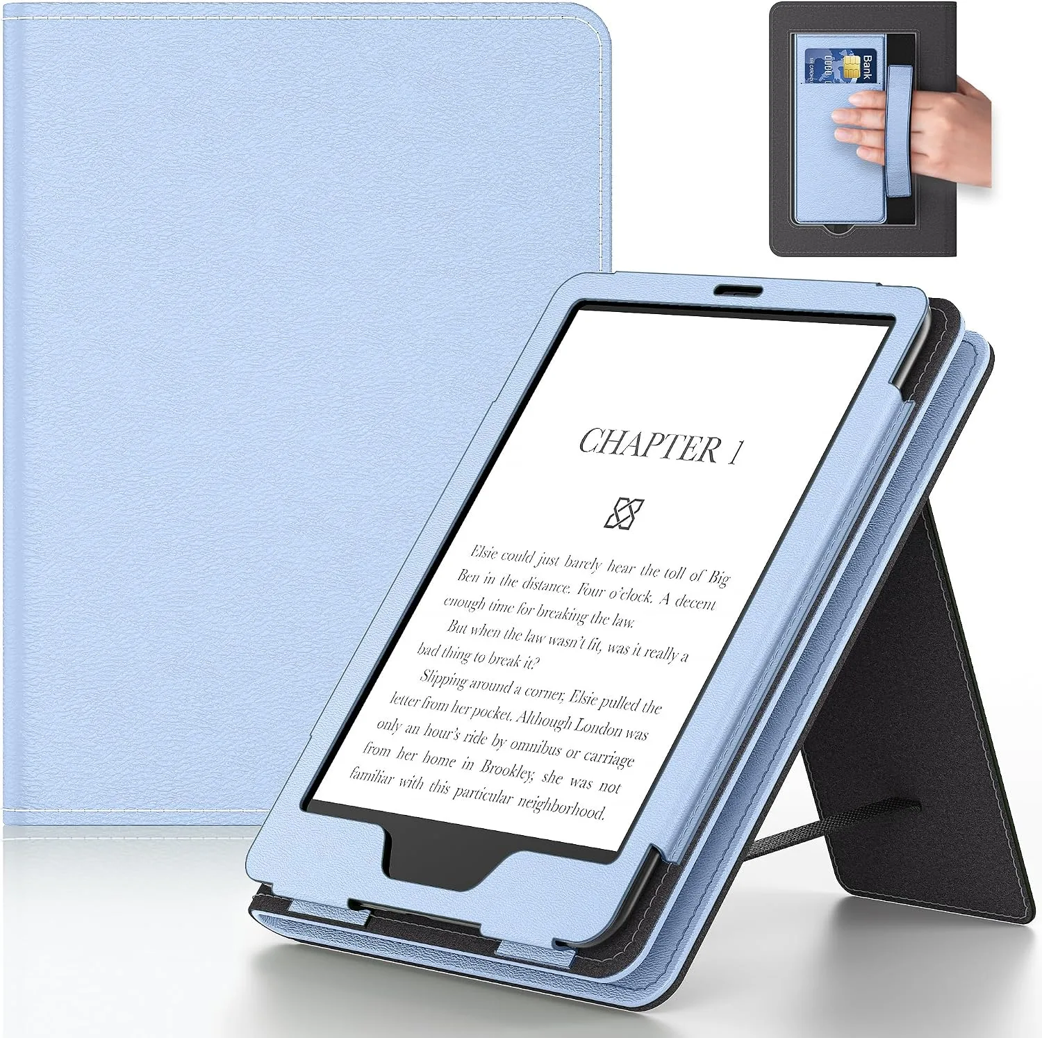 6in Tablet Case with Stand and Hand Strap,Incompatible with Old Version, Durable Synthetic Leather Cover with Auto Sleep Wake, Light Blue