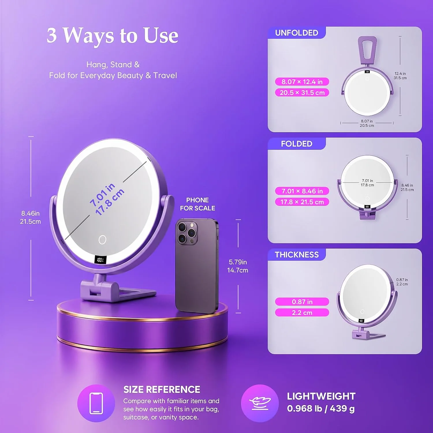 1X/30X Makeup Mirror with Lights, Magnifying Mirror (Purple)