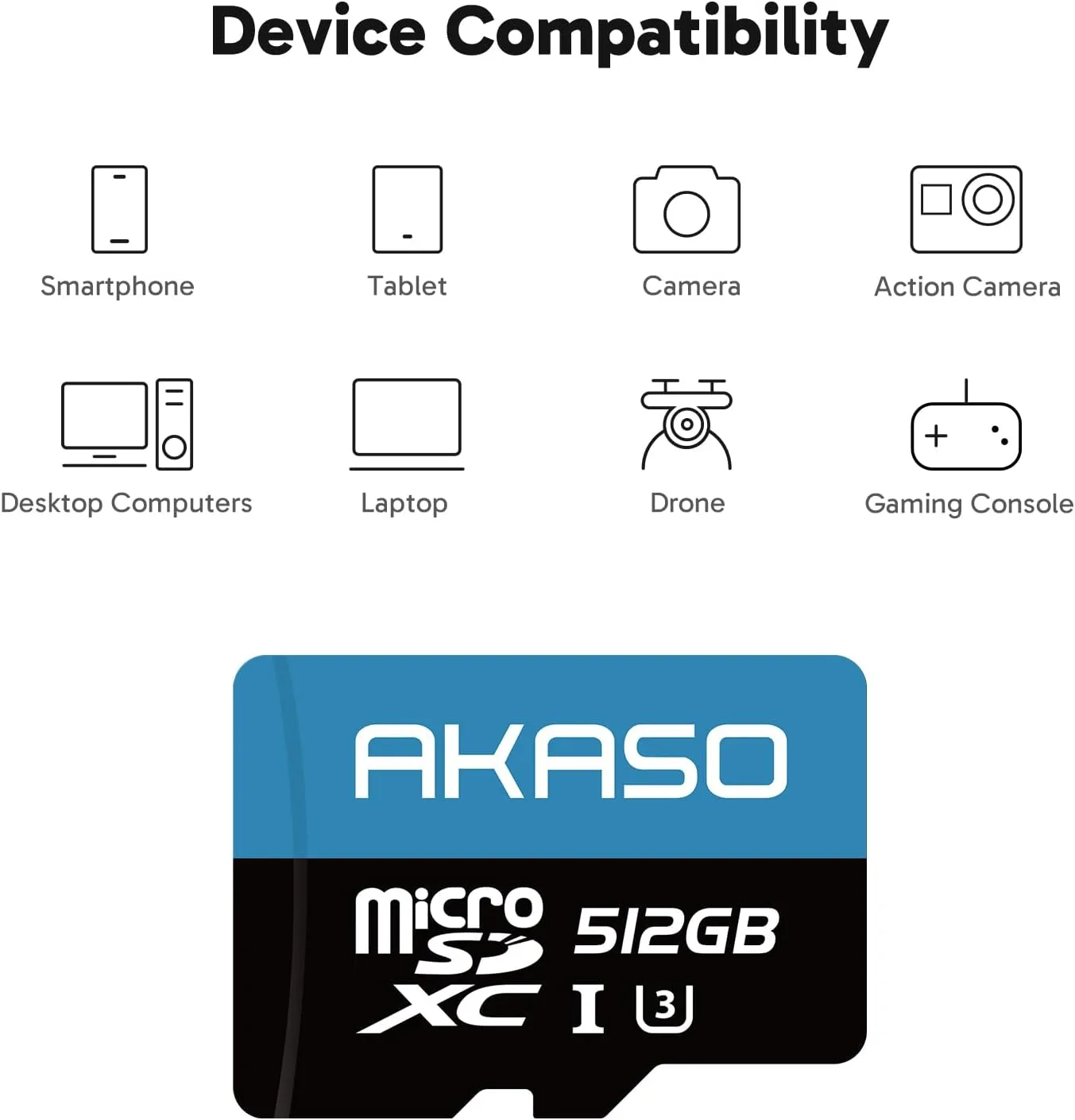 AKASO 512GB microSDXC U3 Memory Card - Up to 100MB/s, UHS-I C10, U3, Full HD, 4K UHD, MicroSD Card