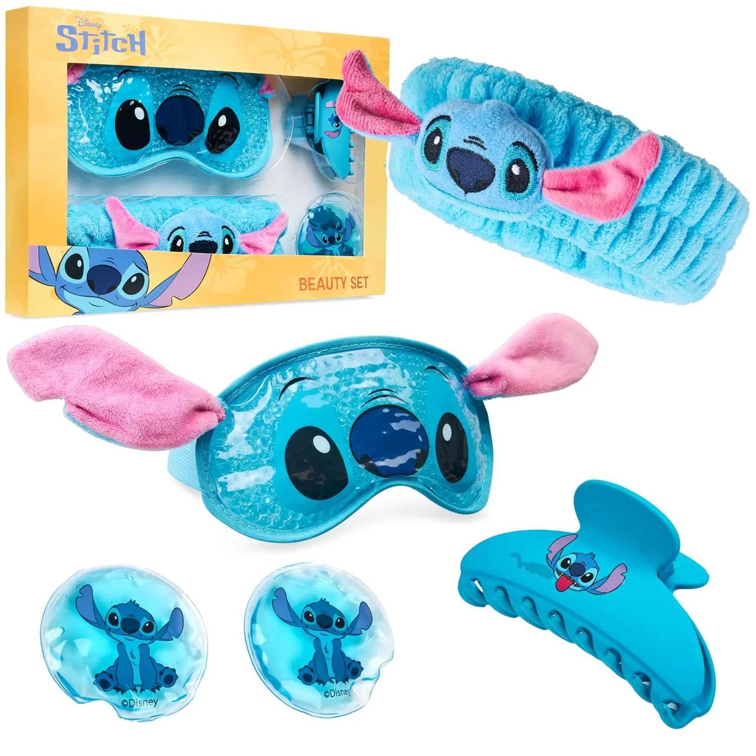 Disney Stitch Beauty Accessories Set with Cooling Eye Mask Gel Eye Pads Fluffy Skincare Headband Hair Claw Clip Relaxing Beauty Gifts for Women (Blue)