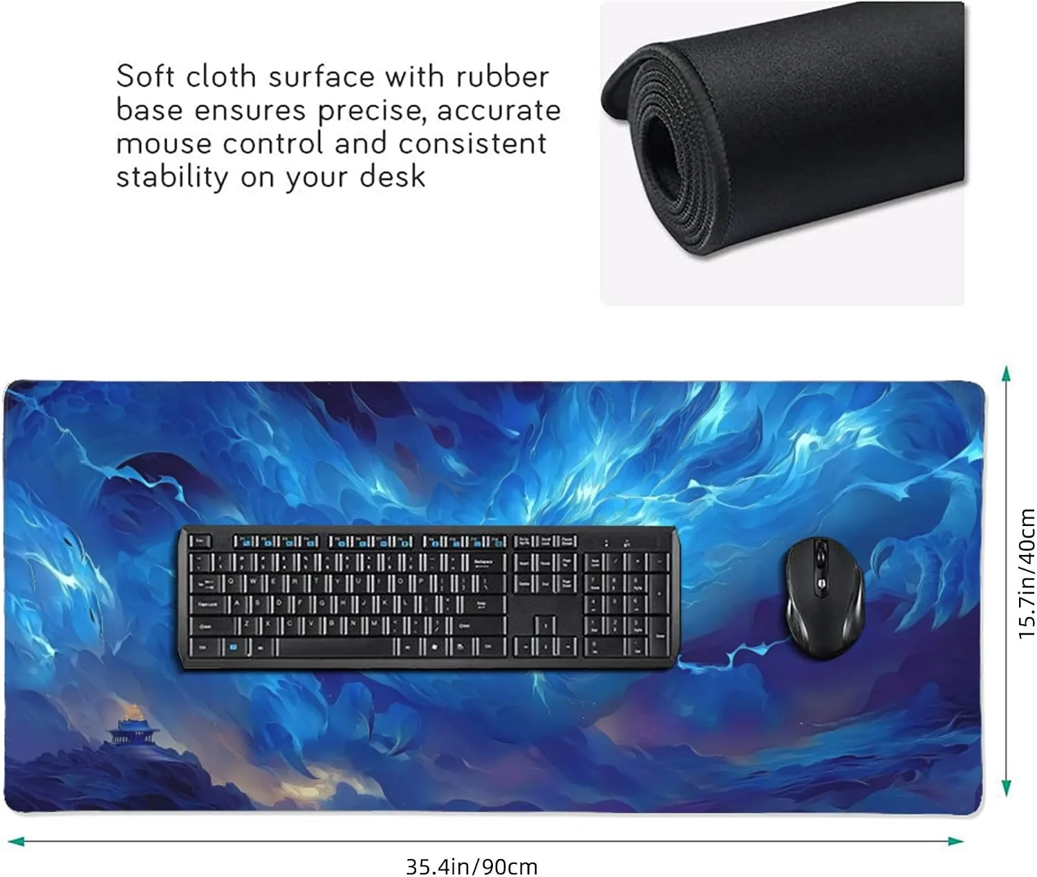 Large Gaming Mouse Pad with Blue Dragon Design, Extended Desk Mat, Non-Slip Rubber Base, 35.4" x 15.7"