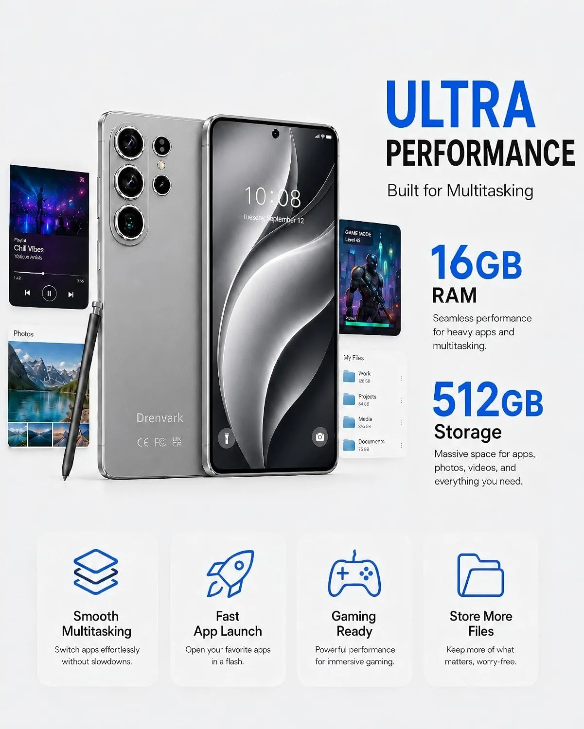 26 Ultra Android Phone,16GB+512GB Unlocked Phone, Android 16 Smartphone with Stylus, 7000mAh Titanium Battery, 50MP Camera, Dual SIM Dual Standby, Face Locked-Grey