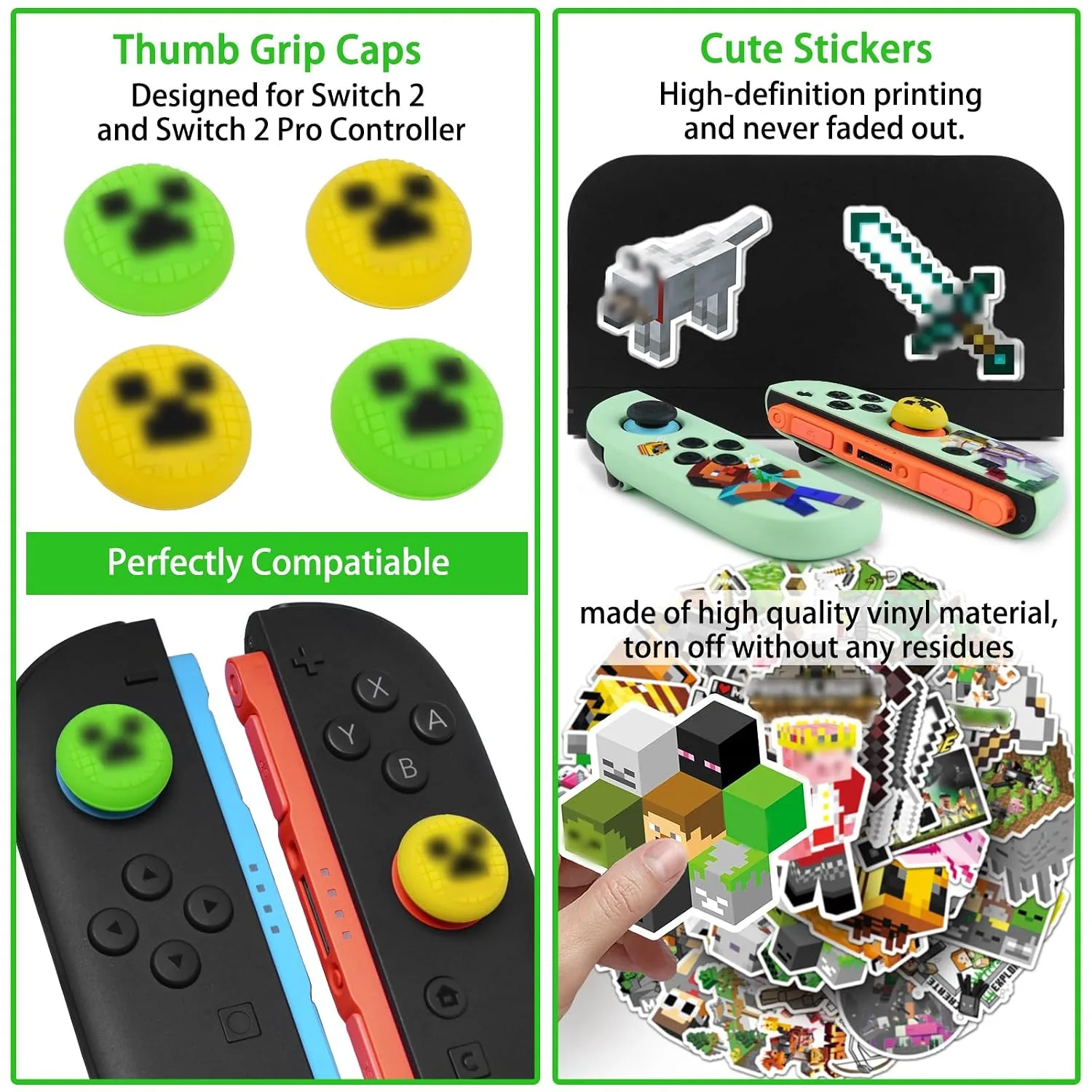 TIKOdirect Carrying Case Accessories Bundle for Switch 2 2025, Portable Travel Case with Protective Cover, Screen Protectors, 4 Thumb Grip caps and Cute Stickers, Green