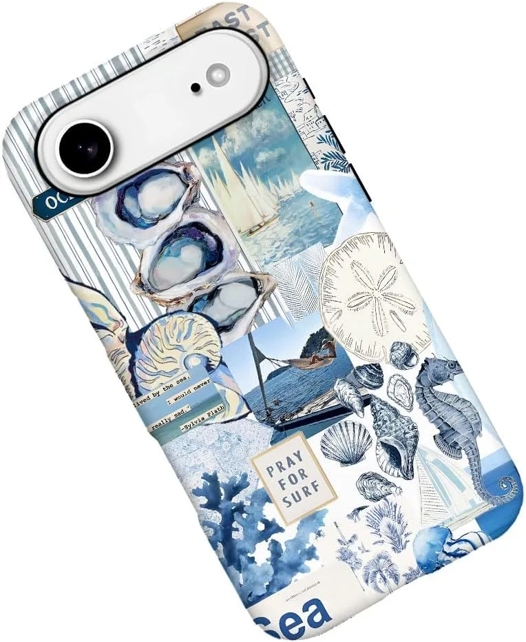 Case Compatible with iPhone 17 Air,Fall Prevention Hybrid 2-Layer Hard Shell Phone Cover for Girls Boys,Seashell Ocean Blue Retro Collage