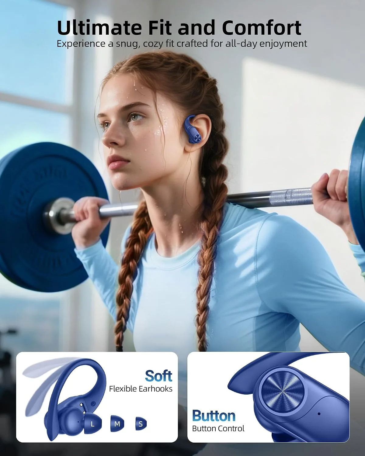 PocBuds Bluetooth Headphones Wireless Earbuds 80hrs Playtime Wireless Charging Case Digital Display Sports Ear Buds with Earhook Deep Bass IPX7 Waterproof Over-Ear Earphones for TV Phone Laptop Navy