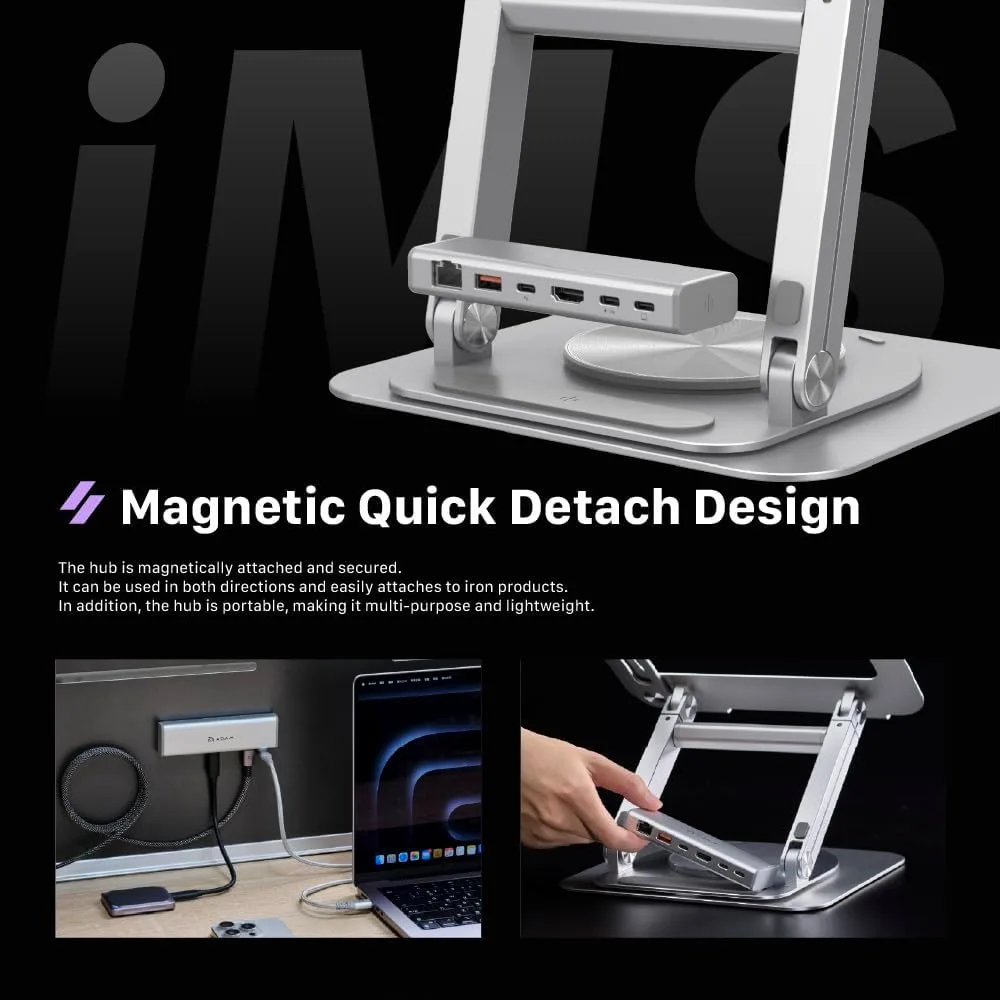 ADAM ELEMENTS Hub Stand Ultra - 6-in-1 Magnetic Detachable USB-C Hub & Ergonomic Laptop Stand, Foldable 4K HDMI Docking Station for MacBook Pro/Air M4 M3 M2 M1, iPad & 17" Laptops