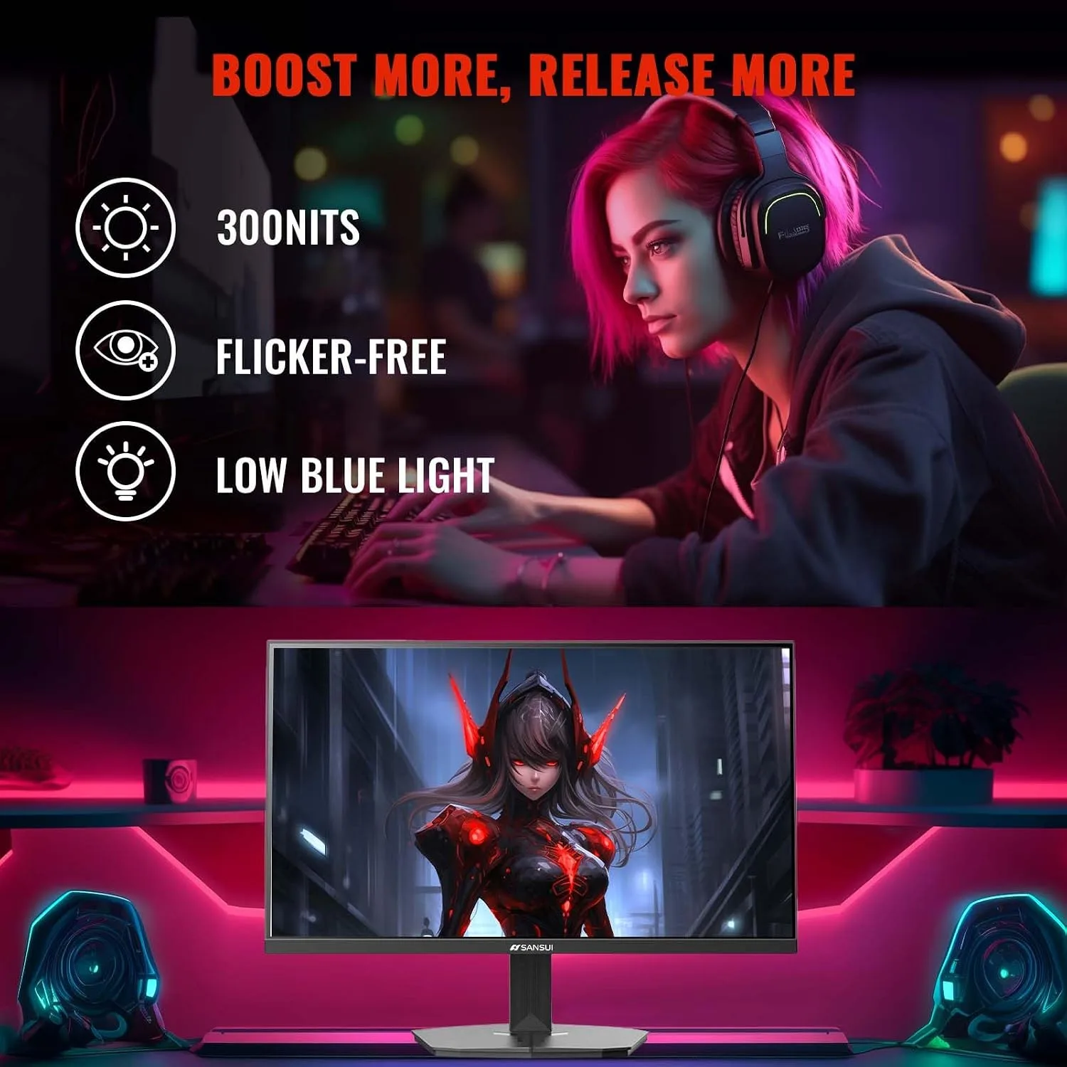 SANSUI 24 Inch Gaming Monitor 180Hz 1Ms FreeSync HDR 110% sRGB FHD 1080P Computer Monitor HDMI DP Ports Eye Care Frameless VESA Mount Cable Management(ES-G24F4L HDMI Cable Included)