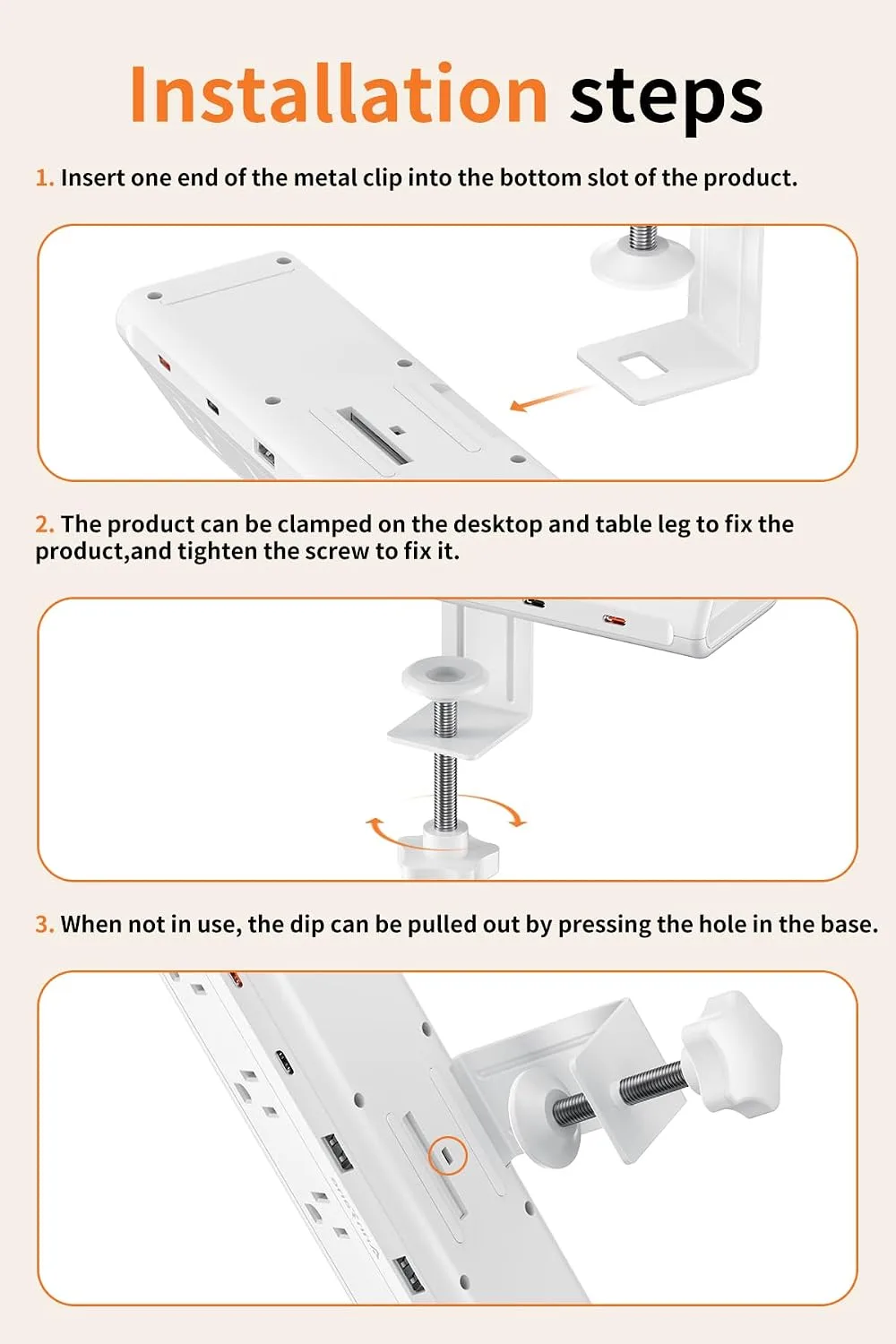 AnnTane Desk Clamp Power Strip USBC, 40W Fast Charging, 6.5 Ft, White