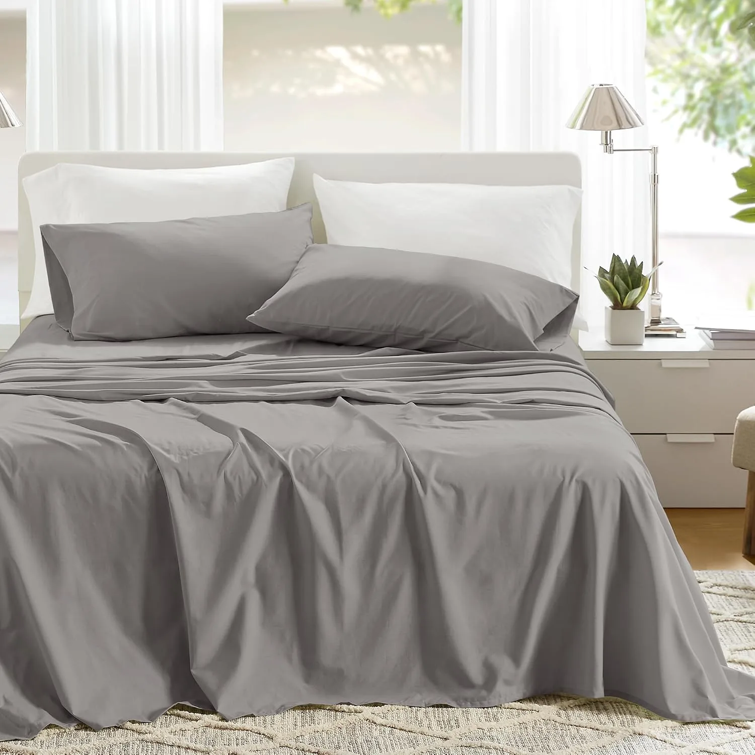 Comfort Spaces 100% Cotton Percale Sheets Queen Sheet Set 4 Pcs, Dark Gray