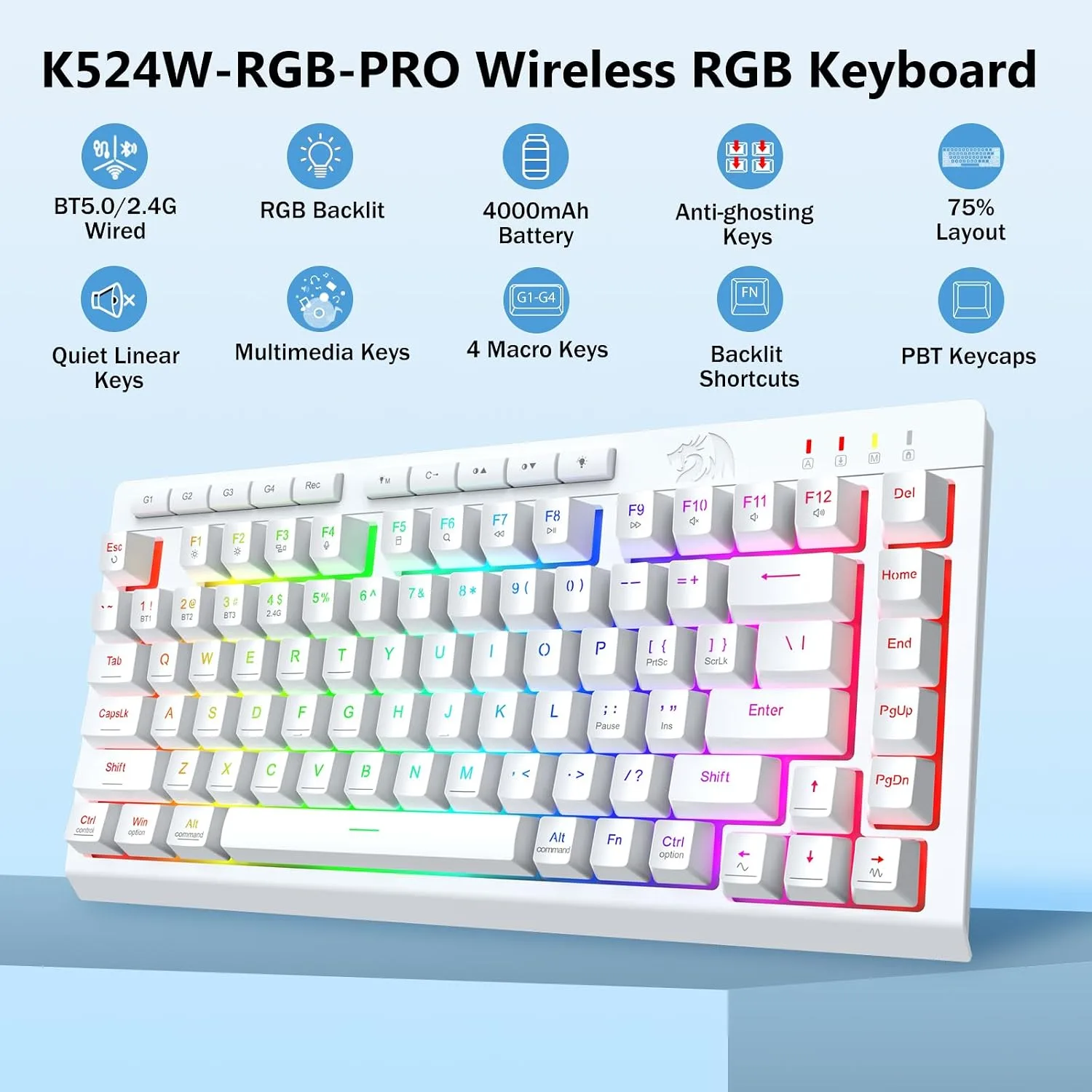 Redragon Wireless Gaming Keyboard, Portable 75% Compact,RGB Backlit, White