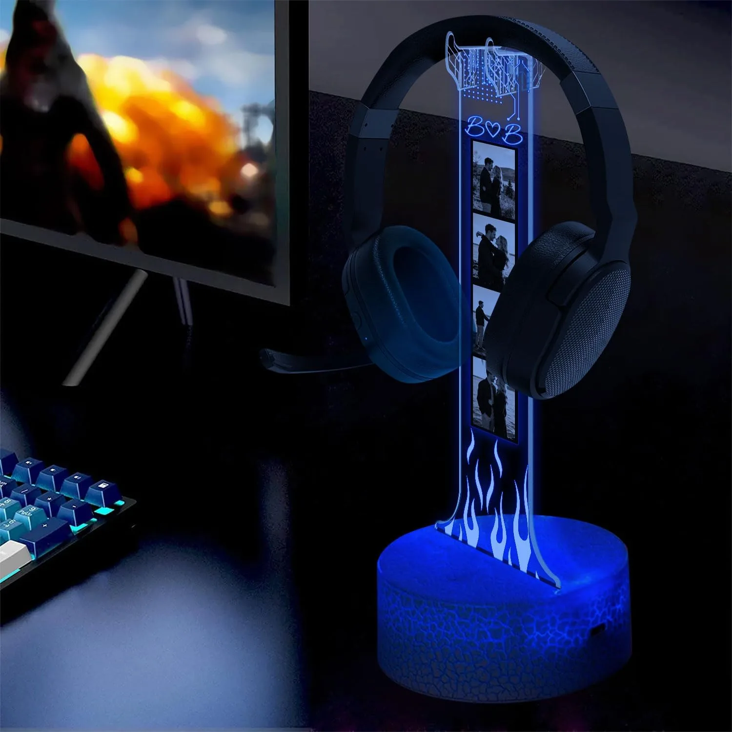Custom Couple Photo Headphone Holder, Personalized Led Headphone, Headset Holder Gift for Him, Valentine's Day Gifts for Couple, Custom Gift for Gamers, Boyfriend Gifts, Couple Photo
