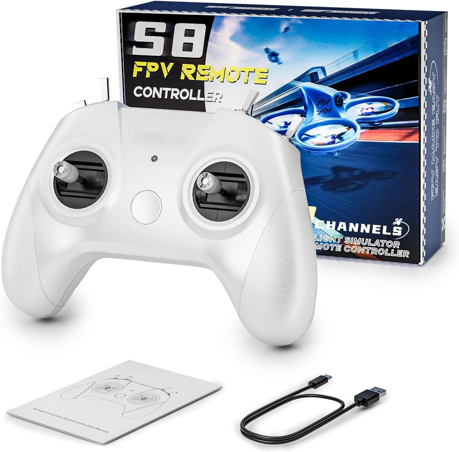 FLYDrone S8 FPV Simulator Controller for Windows PC, USB-C Drone Flight Simulator Joystick, 8-Channel Mode 2 RC Training Remote with Non-Centering Throttle for Liftoff/DRL/Uncrashed (White)