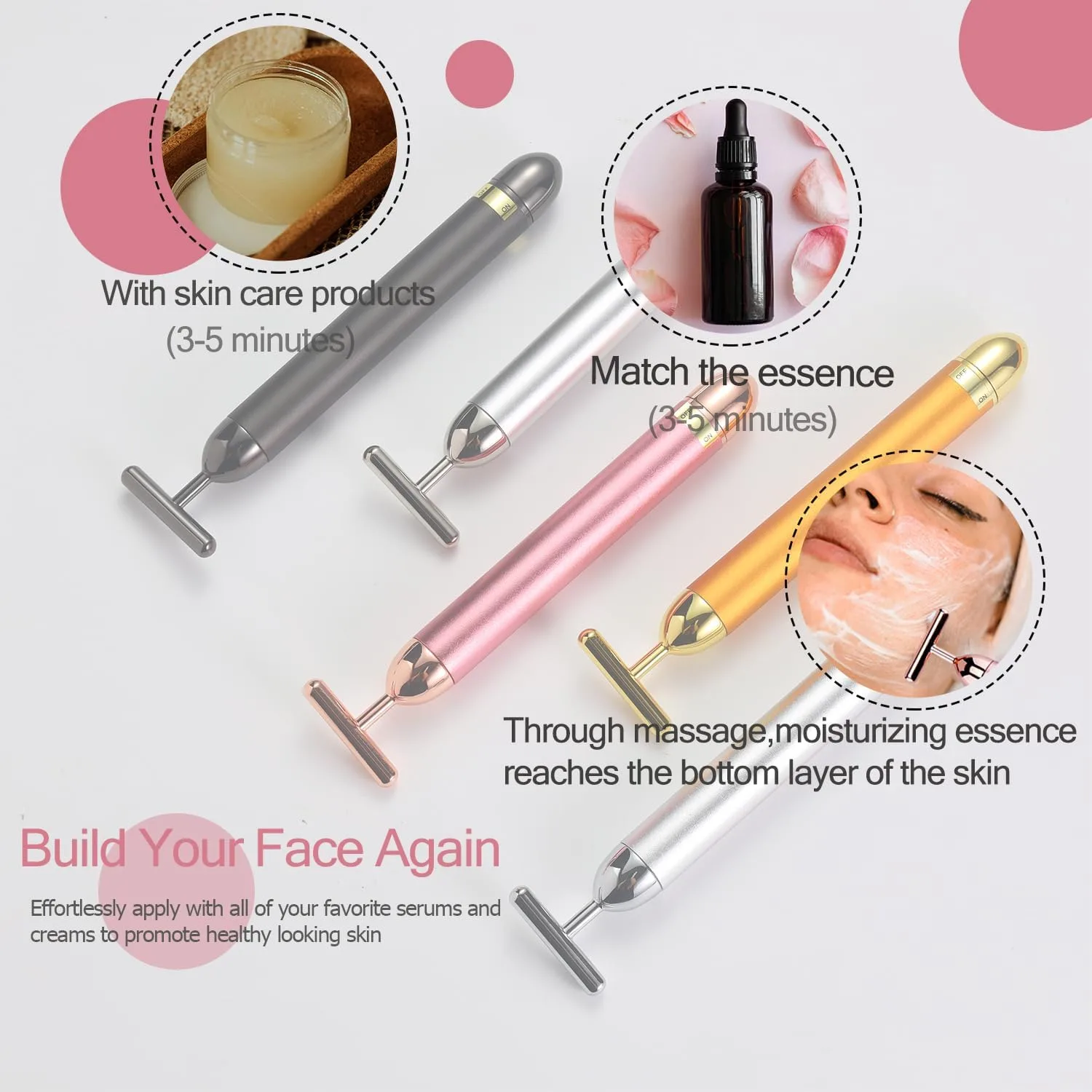 Beauty Bar 24K Gold Facial Massager - Face T Shape Tool for Skin Care Tightening with Ergonomic Design (Grey)
