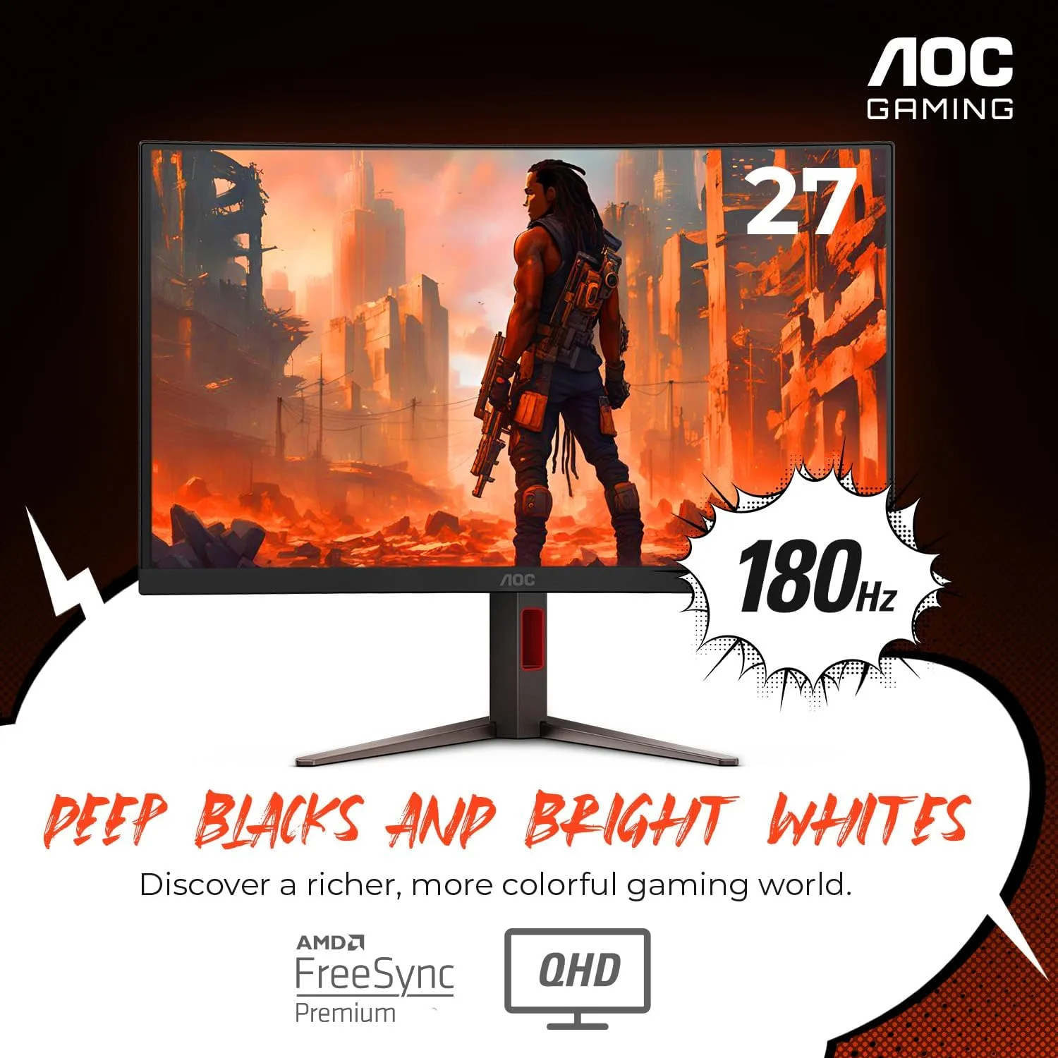 AOC 27" Curved Gaming Monitor 2K QHD 180Hz VA AMD FreeSync Premium, CQ27G4H