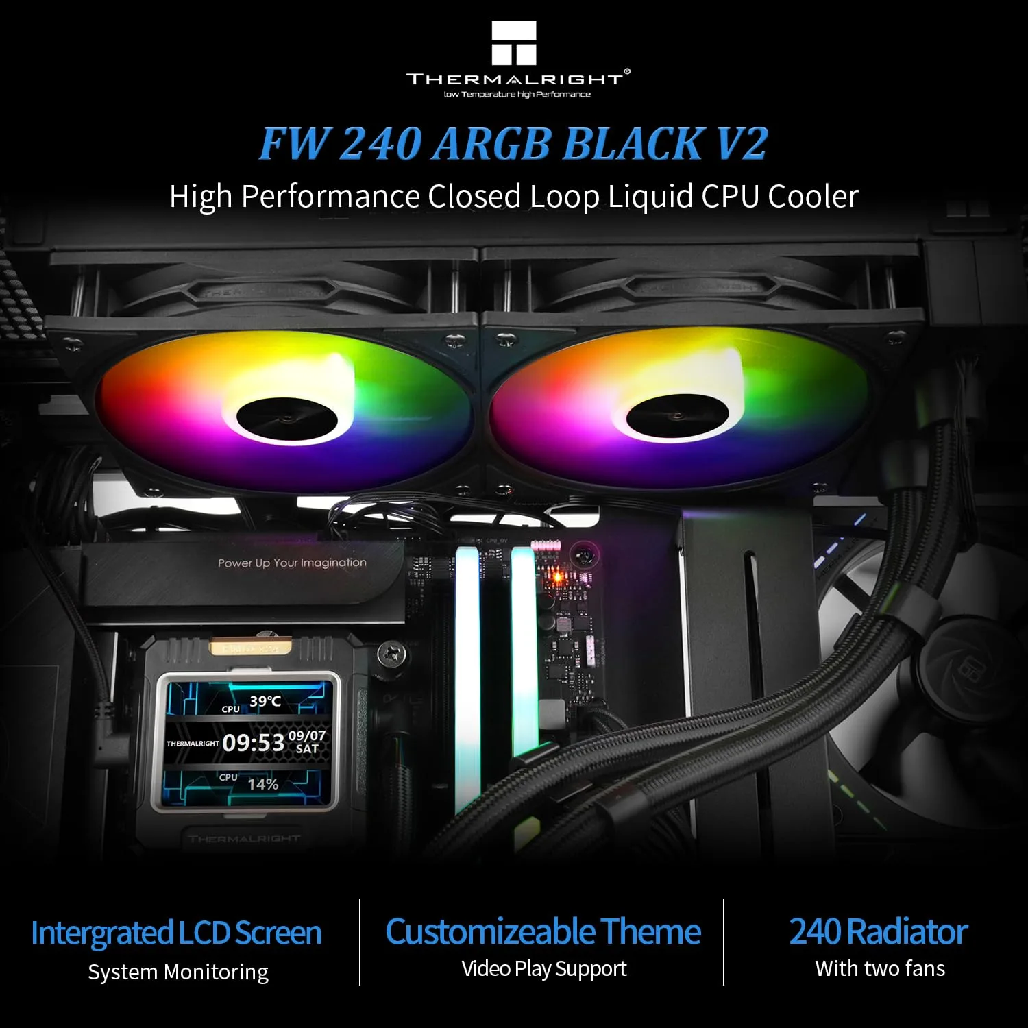 Thermalrlght FW 240 Black ARGB CPU AIO Cooler,PC 240 Specification Water Cooling System,IPS LCD Screen with 320 * 240 Resolution,for AM5