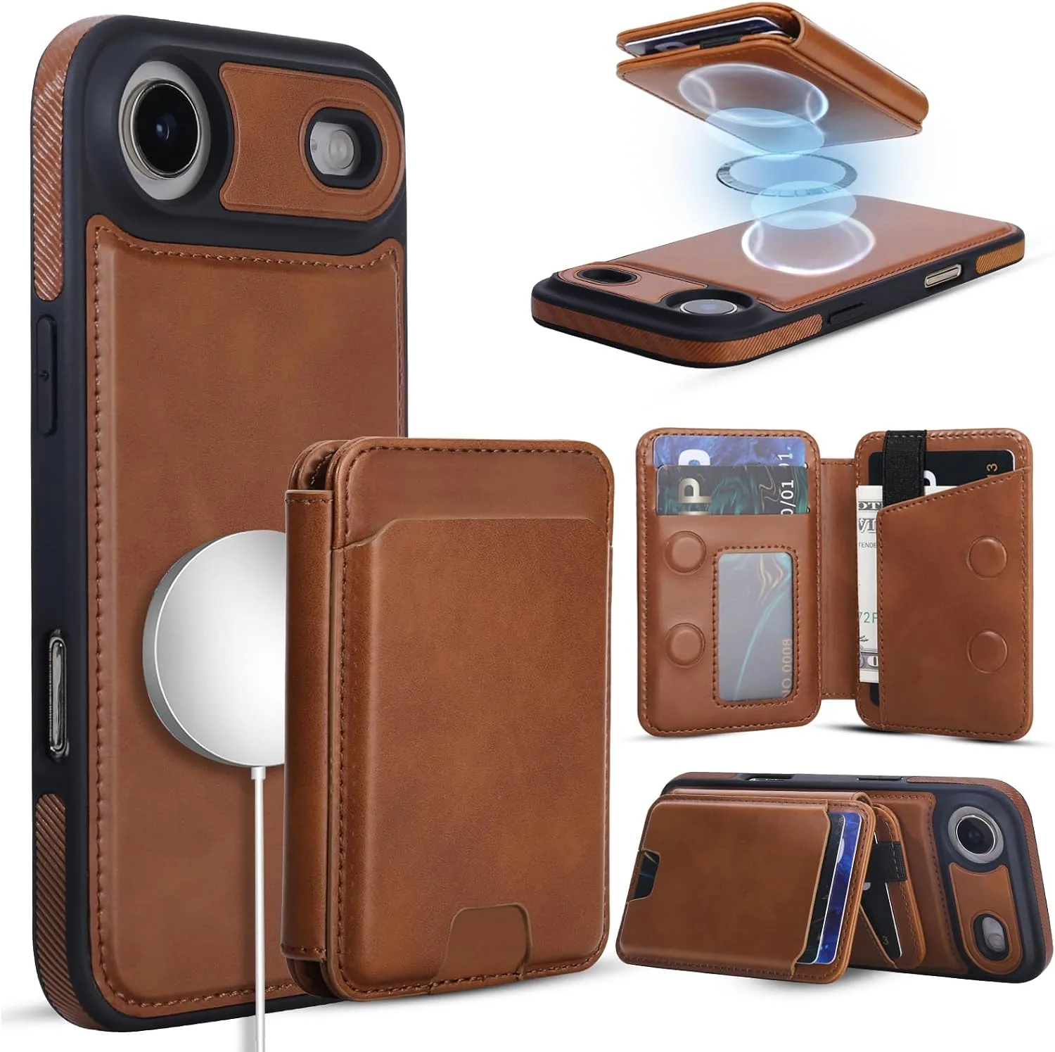 Magnetic Detachable Wallet Case for iPhone 17 Air with Kickstand,2-in-1 MagSafe Compatible RFID Blocking Card Holder,Slim PU Leather Cover Brown