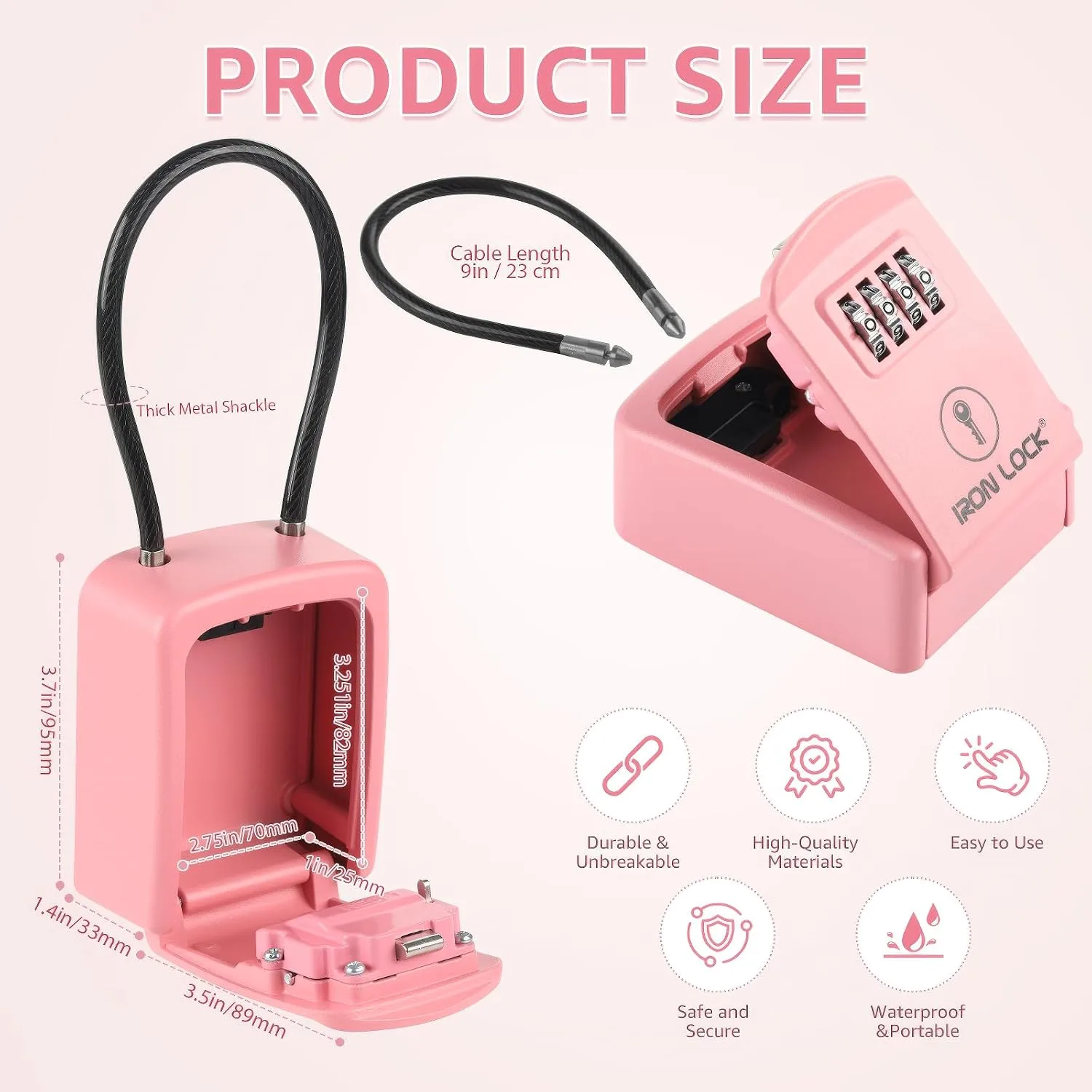 Iron Lock® Key Lock Box with Code, Portable Cable Shackle (Small, Pink)