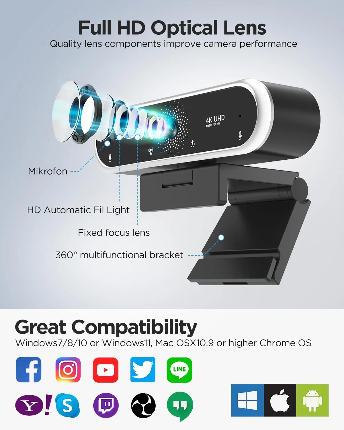 Webcam 4K with Microphone & Privacy Cover for PC/Laptop, USB Computer Camera Plug & Play with Auto Light Correction for Video Calls, Live Streaming Gaming & Online Meetings (4K Black)