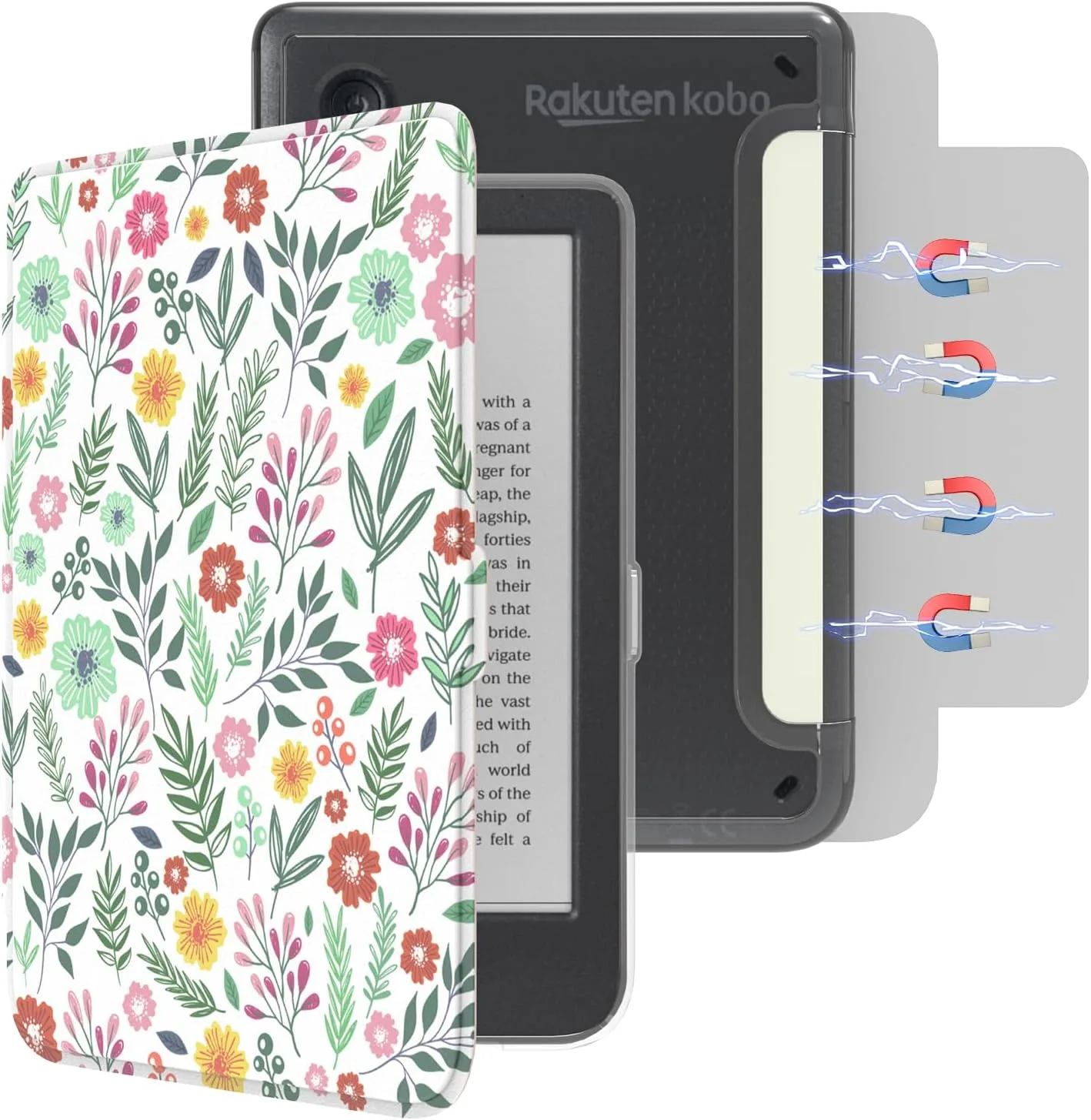E NET-CASE Detachable Magnetic Case for 6" Kobo Clara Colour (2024) /Clara BW (2024) /2E (2022) eReader, Ultra Clear Back Scratch-Proof Light丨Easy to Detach & Attach丨Auto Sleep/Wake (Summer Flower)