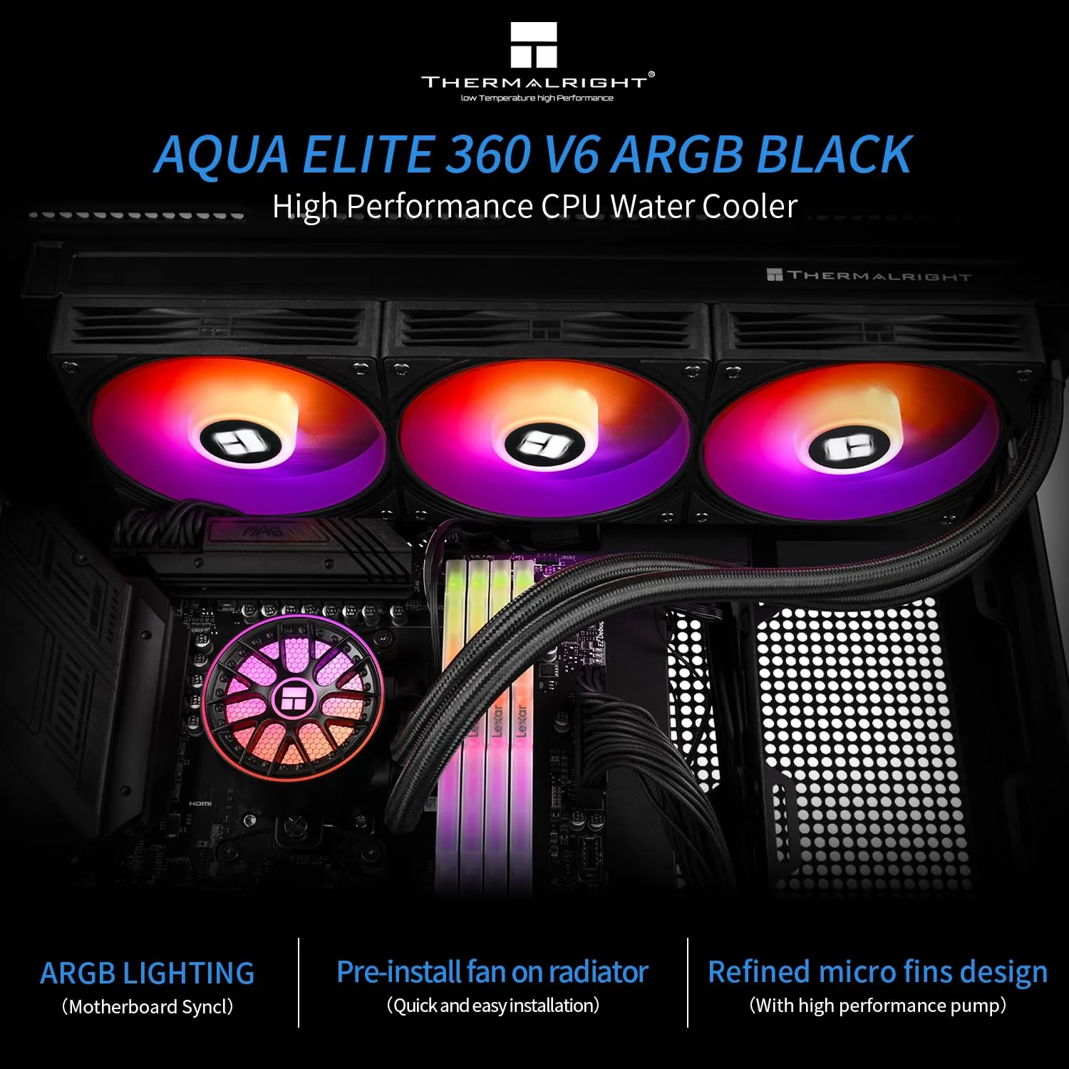 Thermalrlght Aqua Elite 360 V6 ARGB Black AIO CPU Cooler, ARGB PWM Cooler Fans with 2000RPM, for Intel Lga1150/1151/1155/1156/1200/1700/1851, AMD: AM4/AM5, Case 360mm AIO Radiator