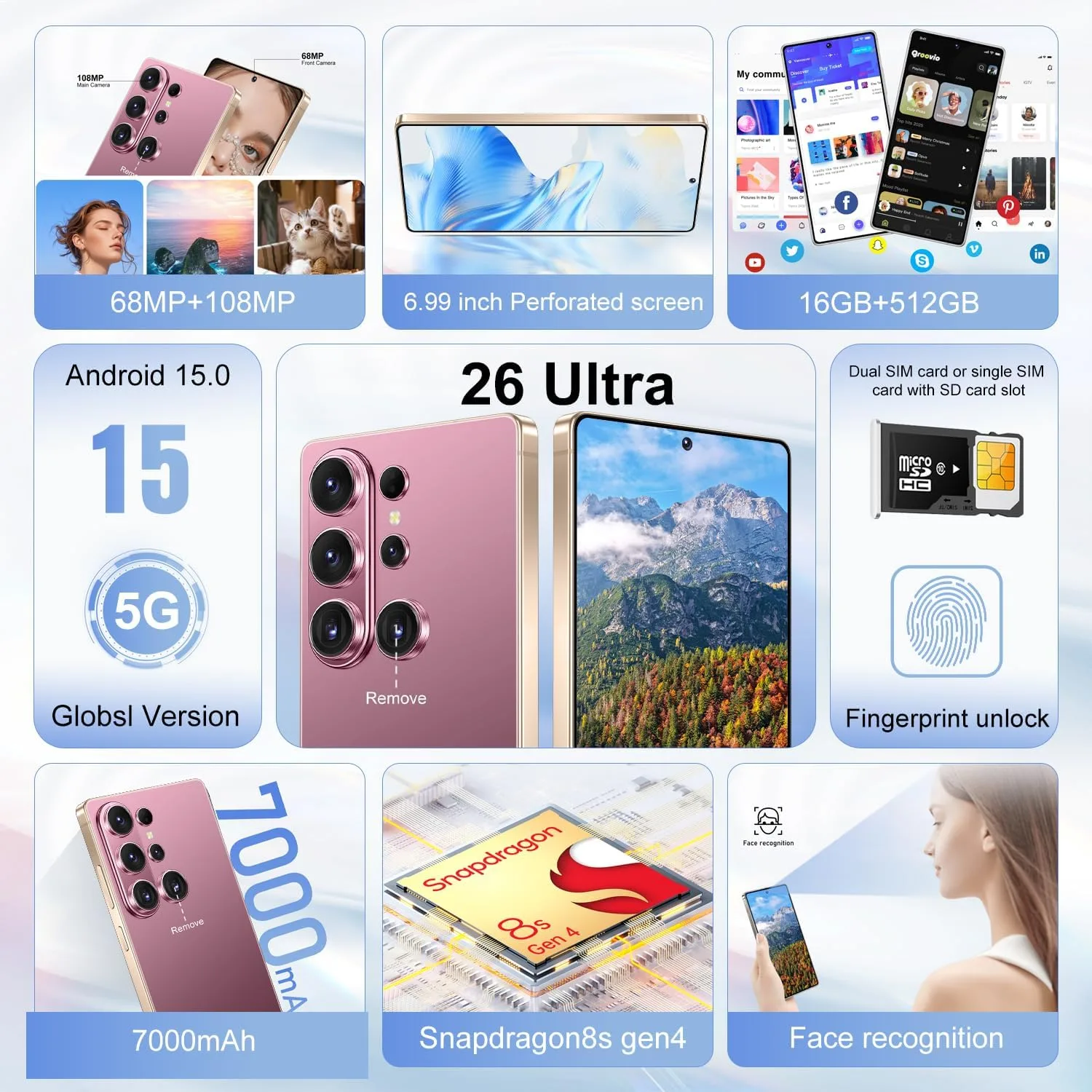 Huness S26 Ultra Unlocked Phone,Built in Pen The Phone,Cell Phone Battery 7000mAh 6.99" HD Screen,Android 15 16+512GB Smartphone,Dual SIM/5G/Face ID/Fingerprint Lock/GPS (Rose Gold)