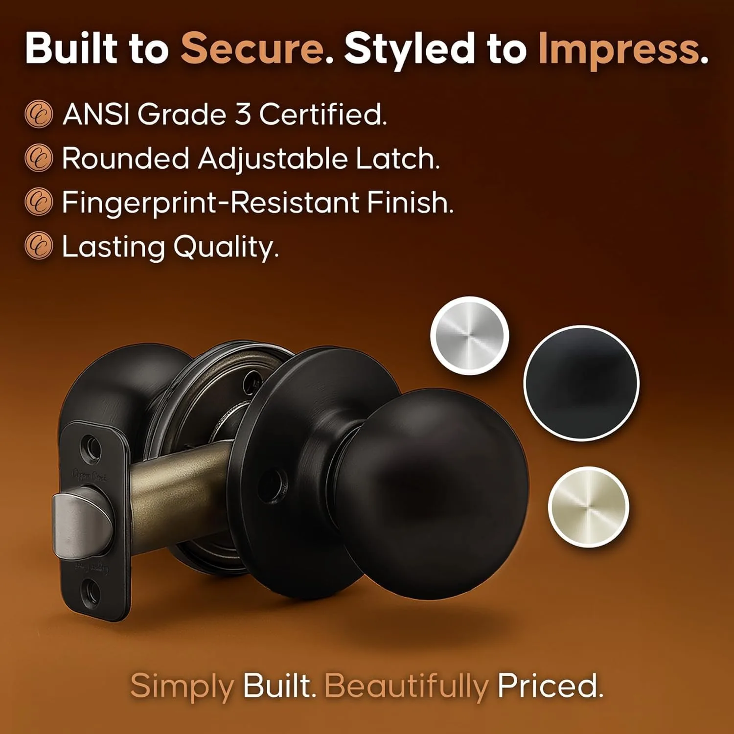 Copper Creek Passage Interior Door Knob – ANSI Grade-3 Certified, Modern Heavy Duty Handle, Easy Install and Reversible for Bedroom, Bathroom & Closets – Matte Black (1 Pack)