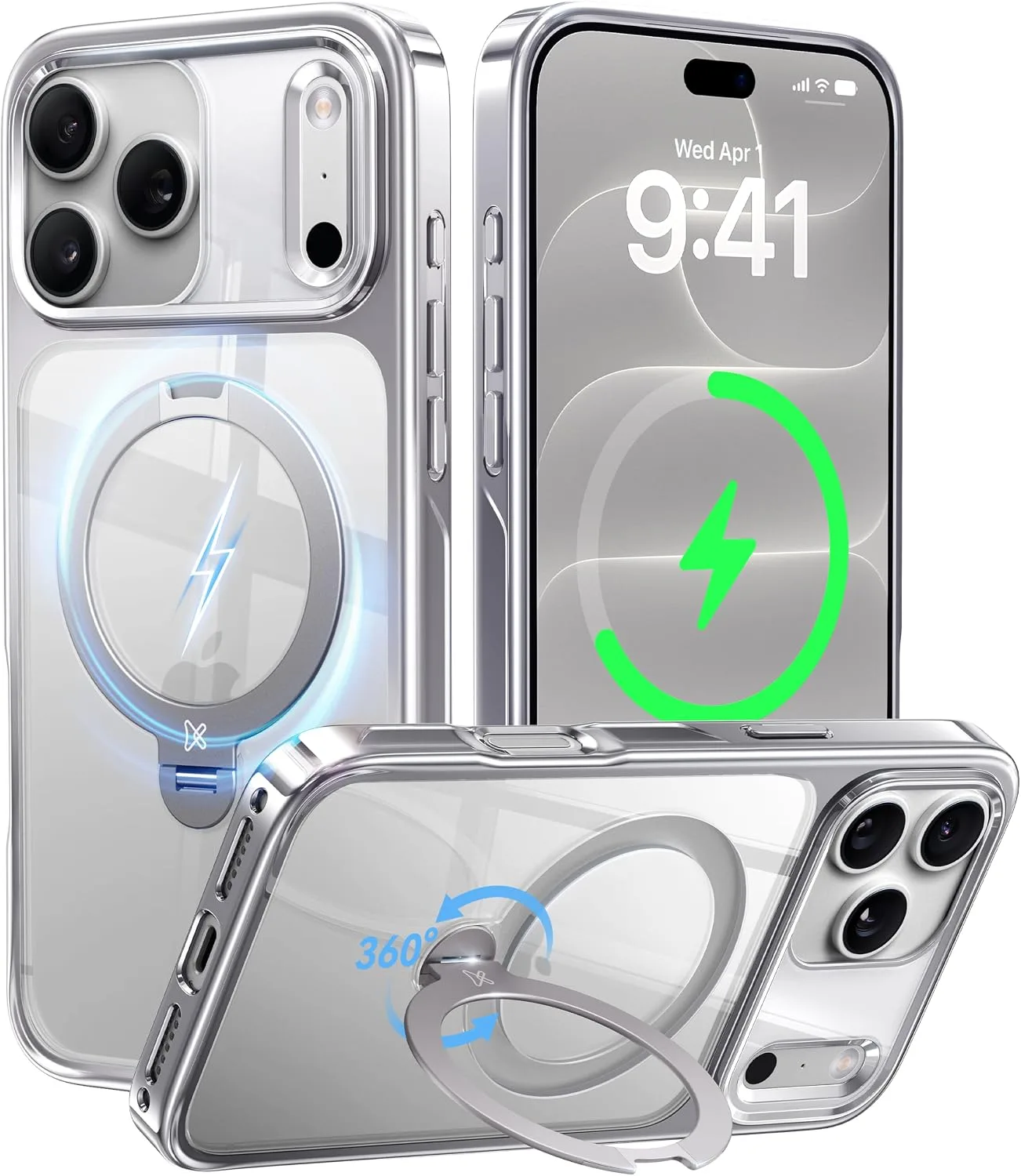 Carcasa Casekoo Glossy Silver con soporte magnético 360 para iPhone 18 Pro Max