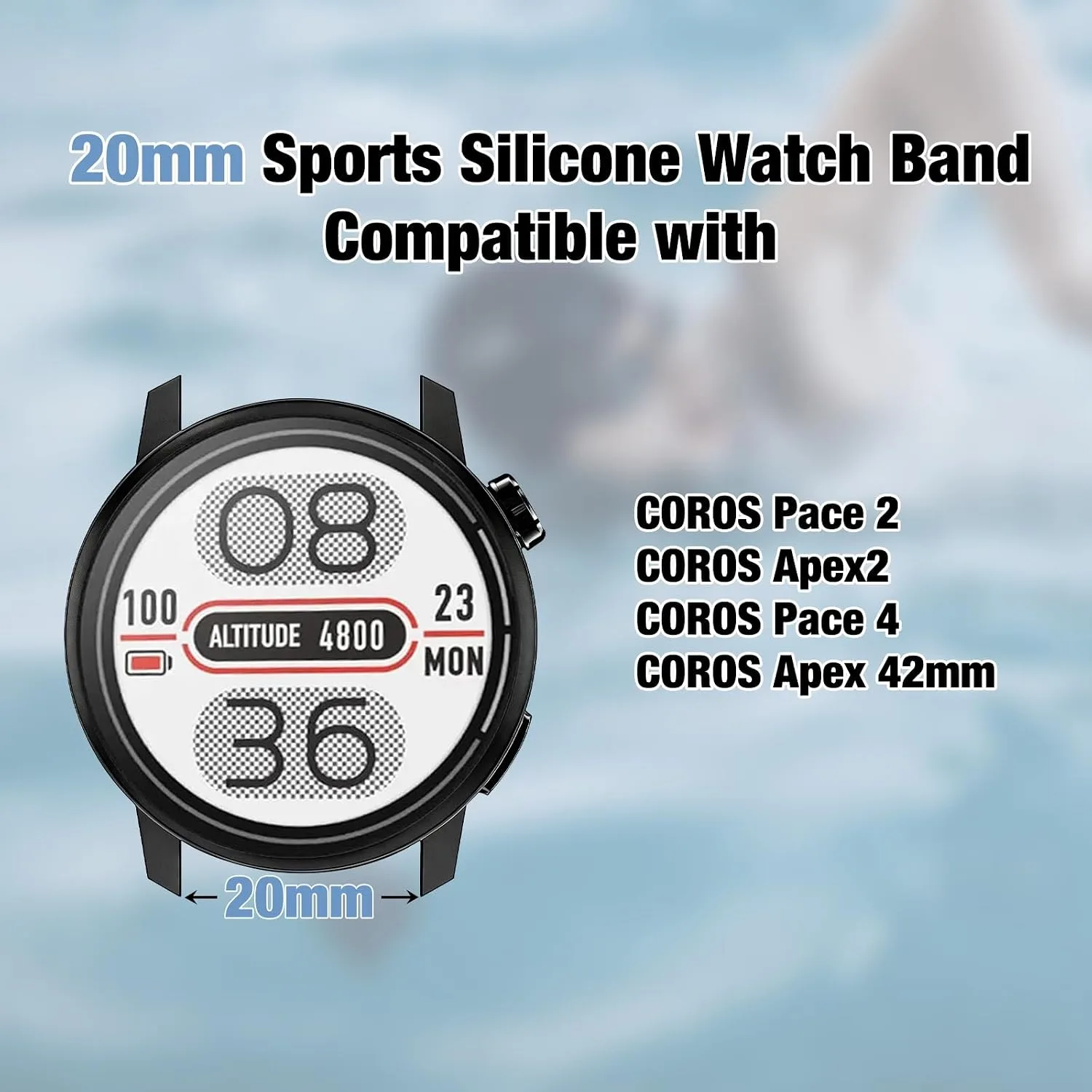 Watch Band for Coros PACE 2/APEX 2/APEX 42mm, 20mm Quick Release Silicone Replacement Band