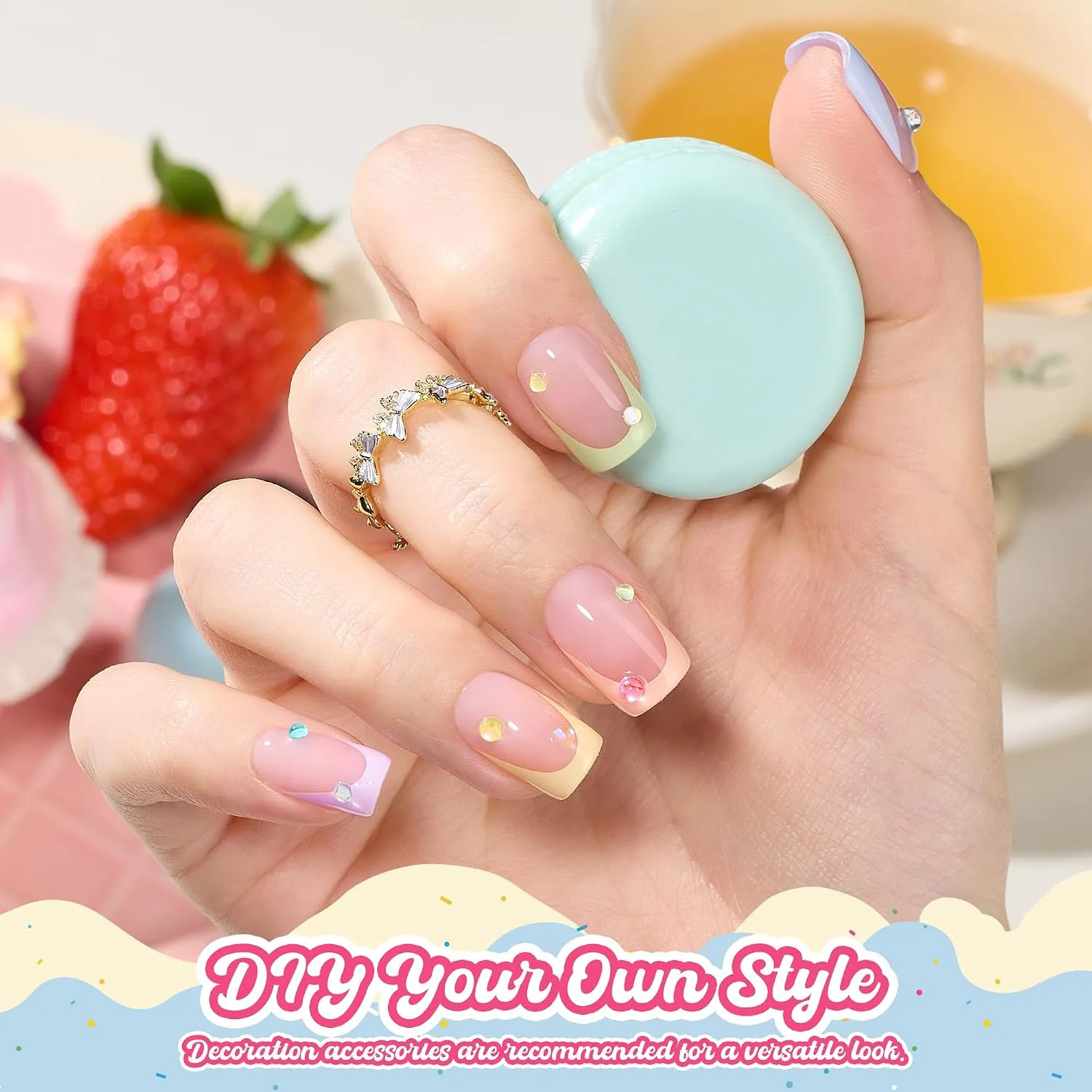 Beetles French Tips Press On Nails Short Square Pastel 6 Colors 192Pcs
