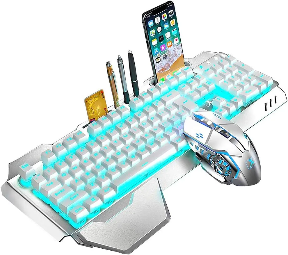 Wireless Keyboard and Mouse, Blue LED Backlit Rechargeable Keyboard with 3800mAh Battery, Metal Panel, Removable Hand Rest Mechanical Feel, 7 Color Gaming Mute Mouse for PC Gamers