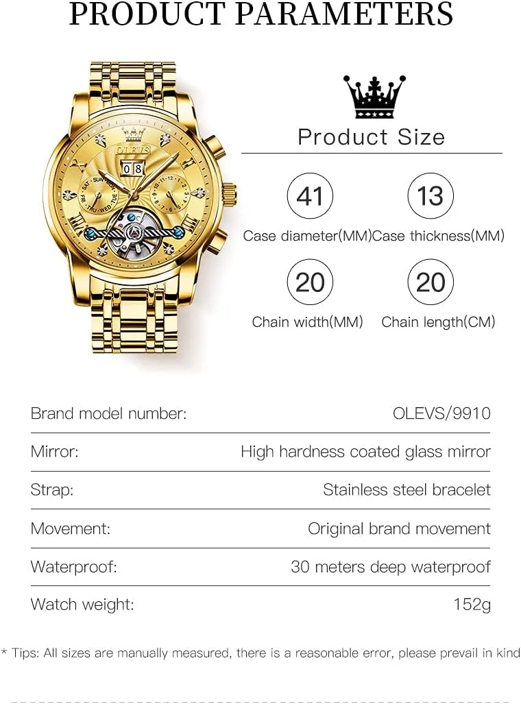 OLEVS Automatic Gold Watches for Men Luxury Classic Stainless Steel