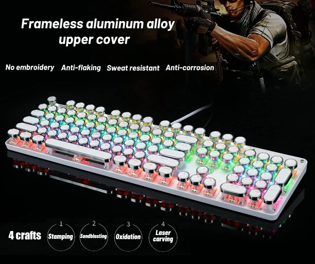 YSCP Typewriter Style Mechanical Gaming Keyboard Rainbow Backlit Wired with Blue Switch Retro Round Keycap 104 Keys Keyboard (L-White)