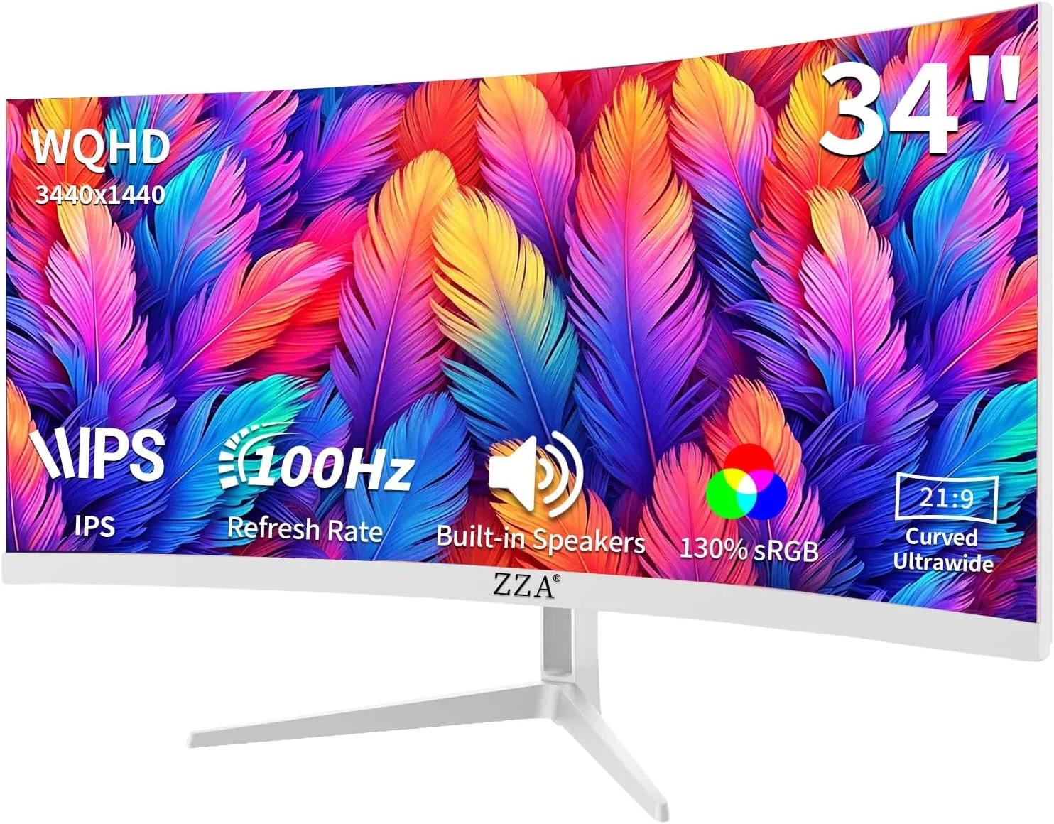 34'' Ultrawide Curved Monitor-WQHD 3440x1440 Resolution,100Hz, IPS Panel, Built-in Speakers,3800R Curvature,HDR10,AMD FreeSync Premium,21:9 Aspect Ratio,Low Blue Light,Flicker-Free Technology-White