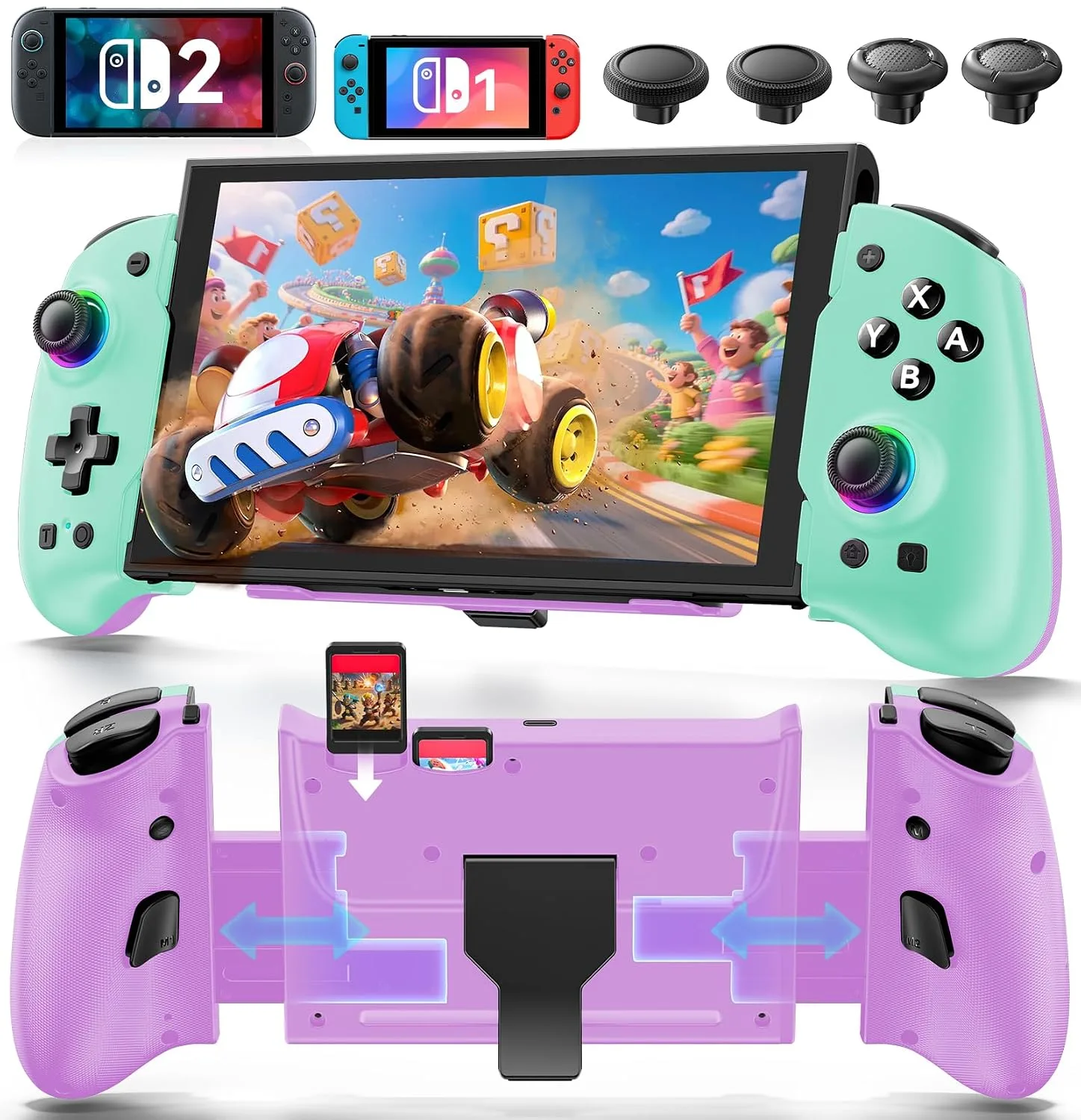 OIVO Switch 1/2 Controller for Original/OLED/Switch 2 Console, Stretchable Switch Handheld Joypad Ergonomic Grip for NS Pro Controller with RGB Light, TMR Joystick, Turbo, 4 Macro, Green & Purple