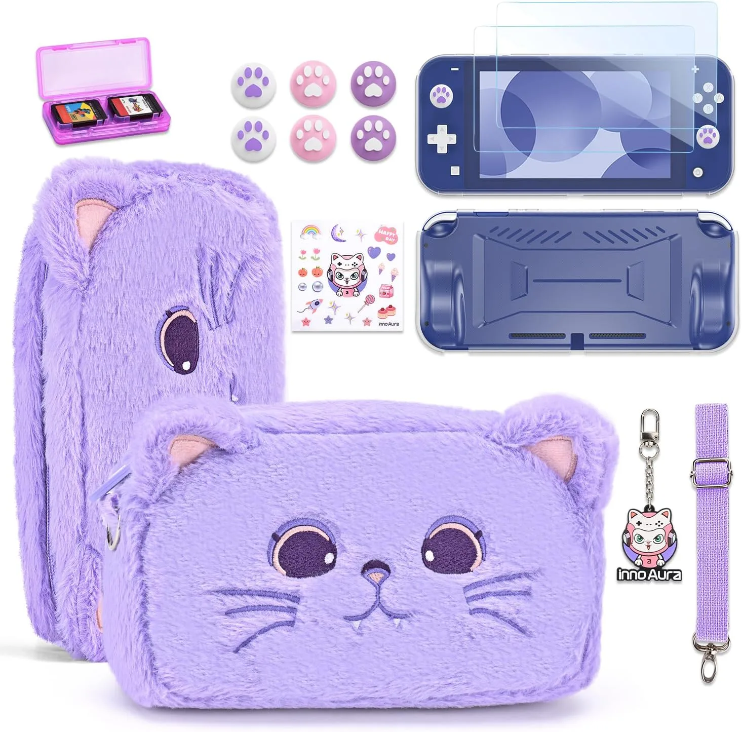 innoAura Switch Lite Case 14-in-1 Accessories Bundle for NS Switch Lite (2019), with Protective Carrying Case, Game Holder, Screen Protector & Cute Thumb Grips, Purple Cat Plush Bag