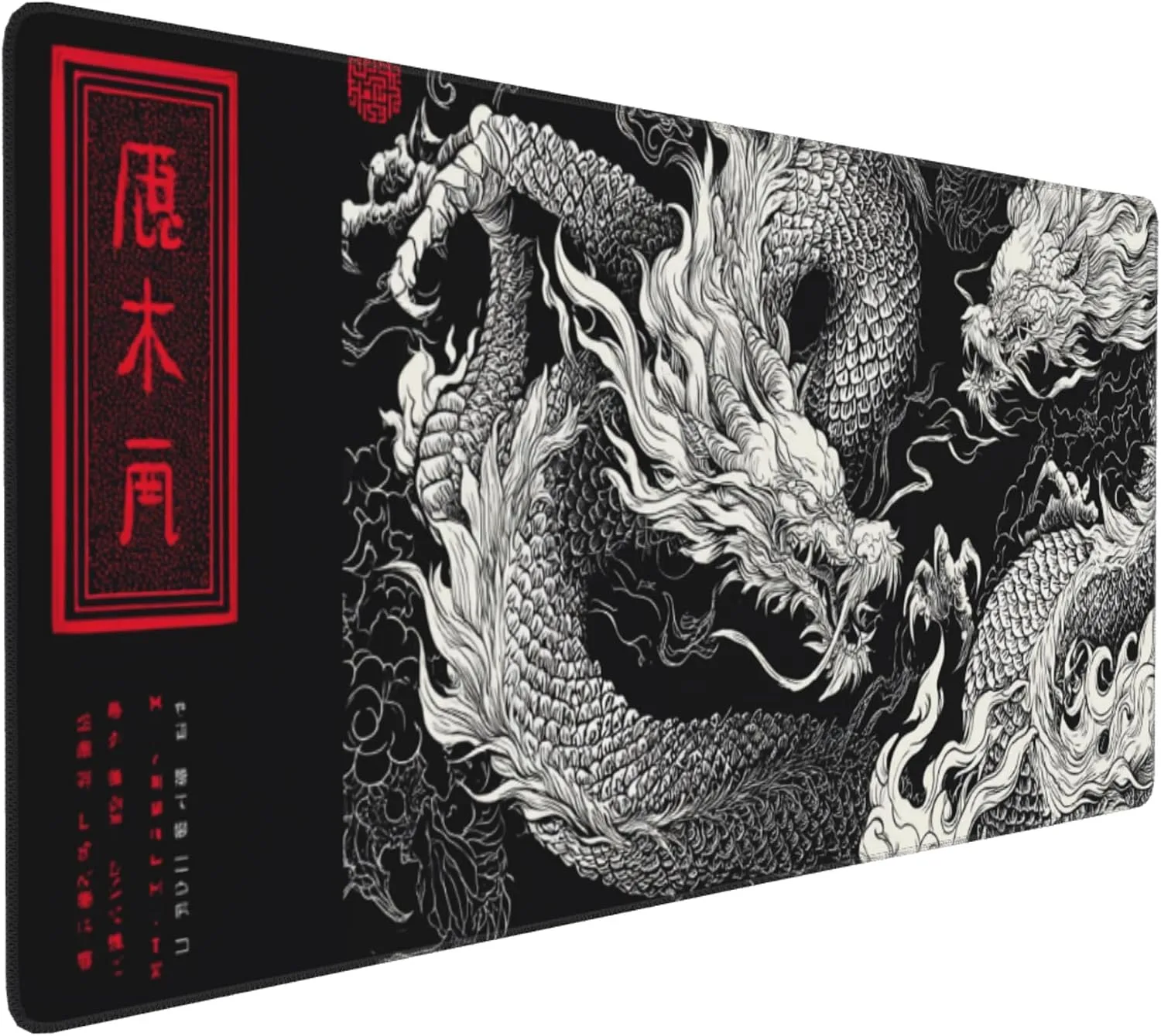 Large Gaming Mouse Pad with Dragon Design, Non-Slip, 35.4" x 15.7", Black and Red Japanese Style Desk Mat