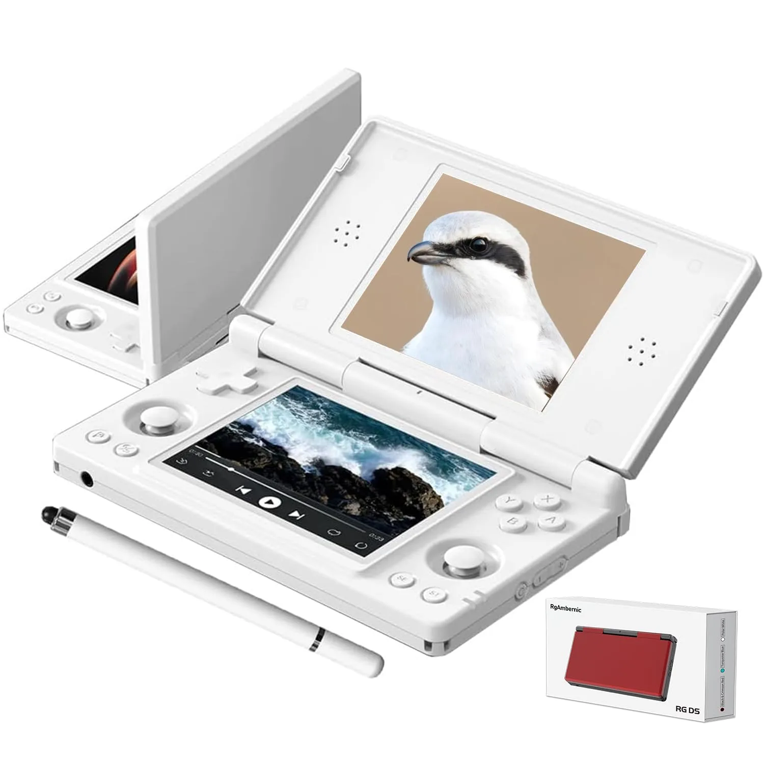 RgAmbernic RG DS Android 14 System Flip Handheld Game Console RG DS Dual Screen 4 inch resolution 640 * 480 OCA Full Touch Screen Built-in Hall Chip 4000mAh [android]