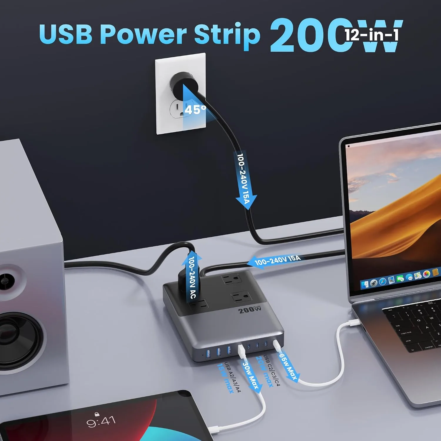 12-in-1 Charging Station USB C Power Strip with 5ft Cord and Plug,200W GaN IV USB C Charger Block,4 AC Outlets,8 USB for MacBook,iPhone 18/17/16/15,Fast Charging Desktop Charger for Office,Home