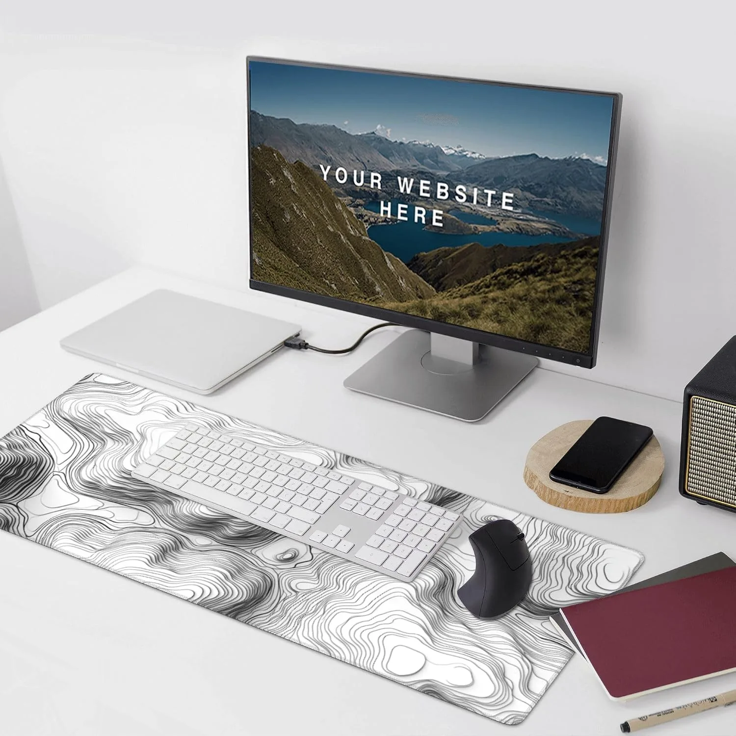 White Topographic Mouse Pad, XXL Extended Gaming Desk Mat, Non-Slip Rubber Base, Stitched Edges, 35.4" x 15.7"