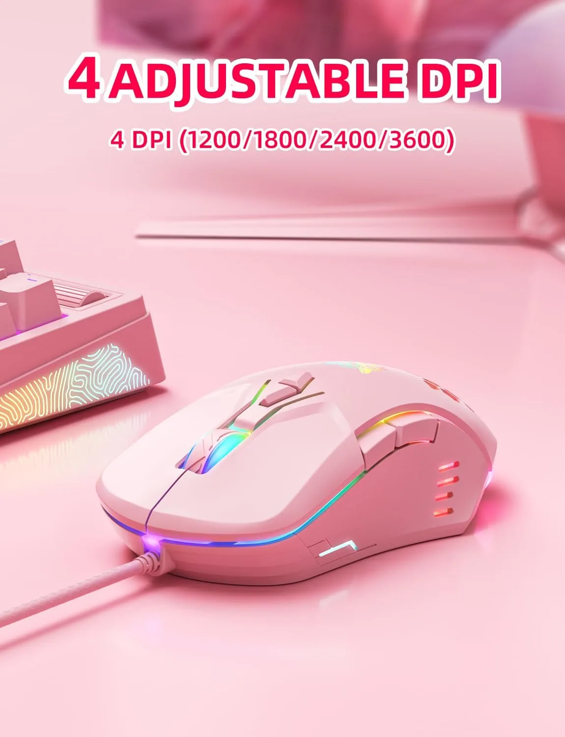 Wired PC Gaming Mouse: High Precision Sensor,RGB Backlit, Adjustable DPI, 7 Buttons Programmable,Ergonomic mice for Office & Gaming on Windows/Mac/Linux/Chrome- Pink