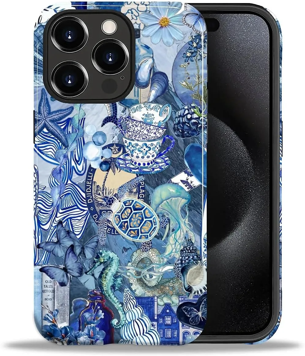 DAIZAG Case for iPhone 15 Pro Max,Mixed 2 Layer Design Shockproof Soft TPU Ddouble Protection Phone Case for iPhone 15 Pro Max-Blue Book Sea Life World