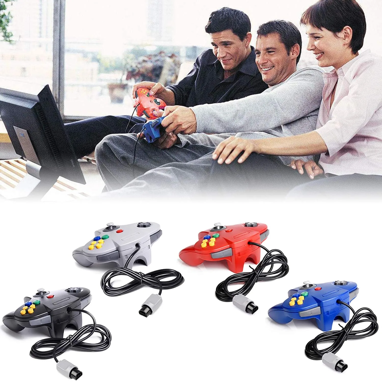 miadore 2 Pack Classic N64 Controllers (Yellow/Gray) Bundle with 2 Pack 6FT N64 Controller Extension Cable
