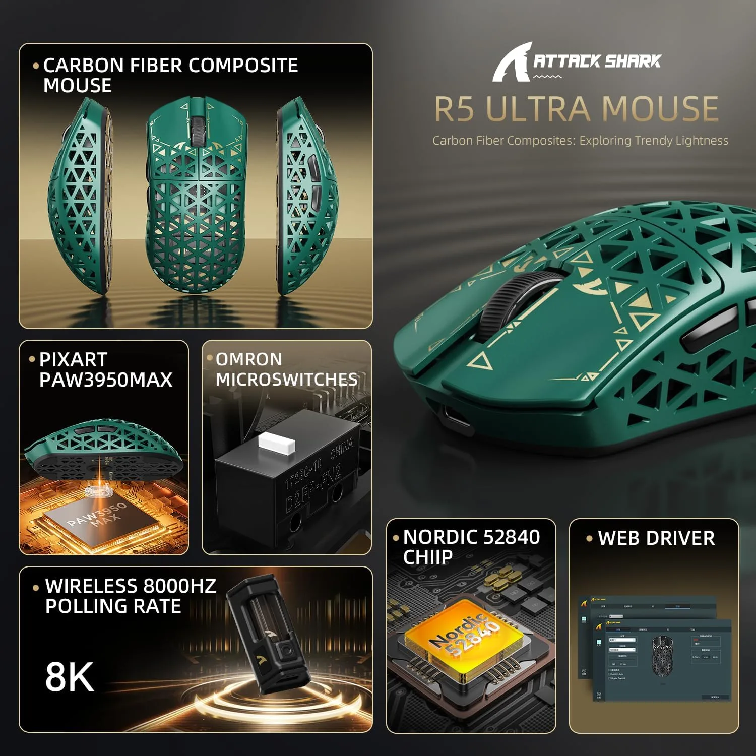 ATTACK SHARK R5Ultra 8K Carbon Fiber Wireless Gaming Mouse, Green