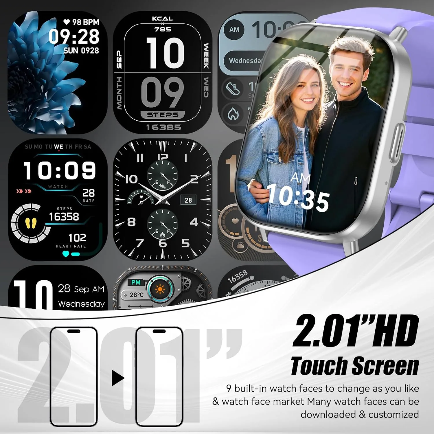 Smart Watch for Men Women, 2.01" HD Fitness Tracker with Heart Rate and Sleep Monitor, Bluetooth Calls & Notifications, 120+ Sport Modes, IP67 Waterproof, Compatible with Android & iOS, Purple