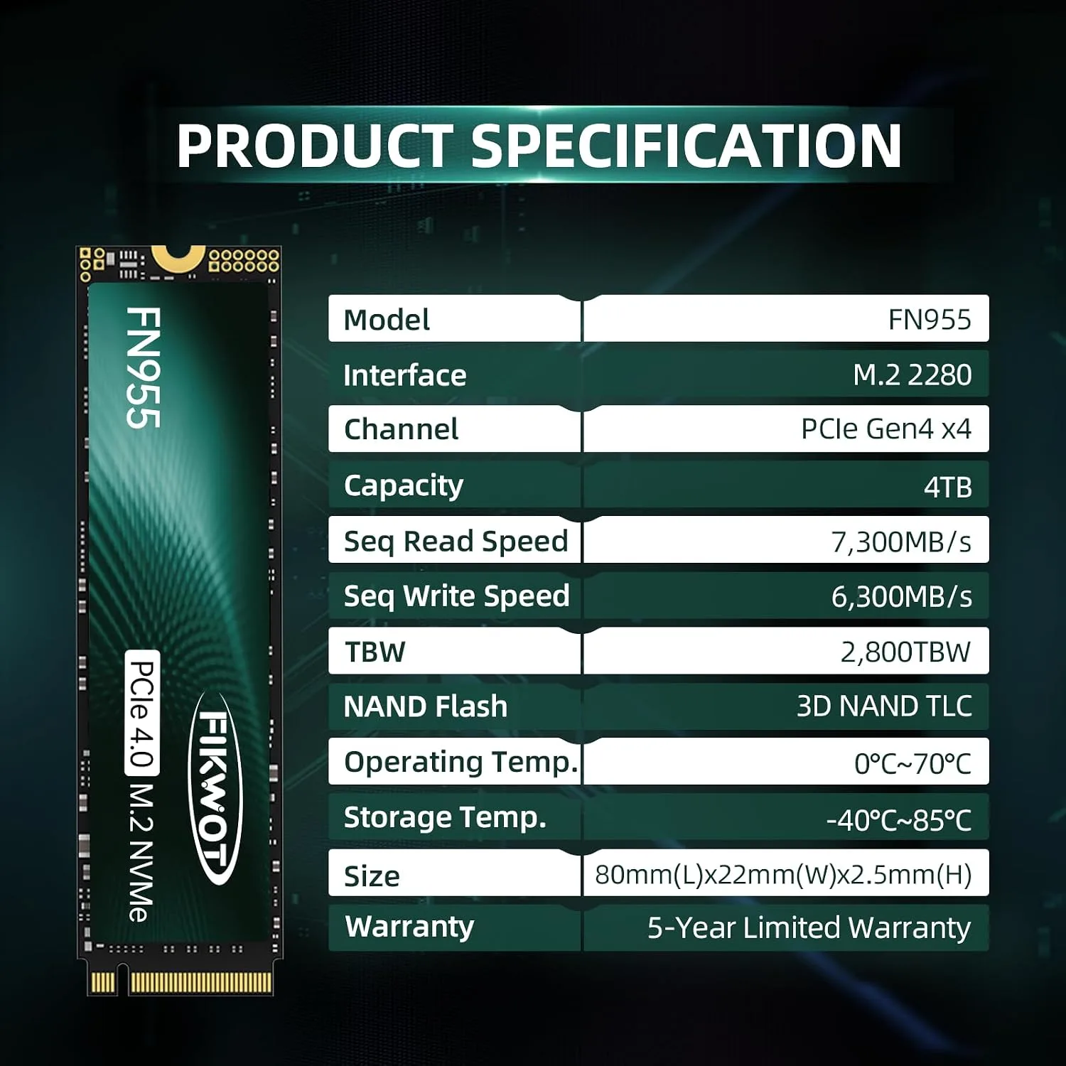 Fikwot FN955 4TB NVMe SSD M.2 2280 PCIe Gen4x4, Up to 7300MB/s, 3D NAND TLC Flash Internal Solid State Drive, Configure SLC Cache, Storage and Memory Expansion for PS5 Laptop Desktop