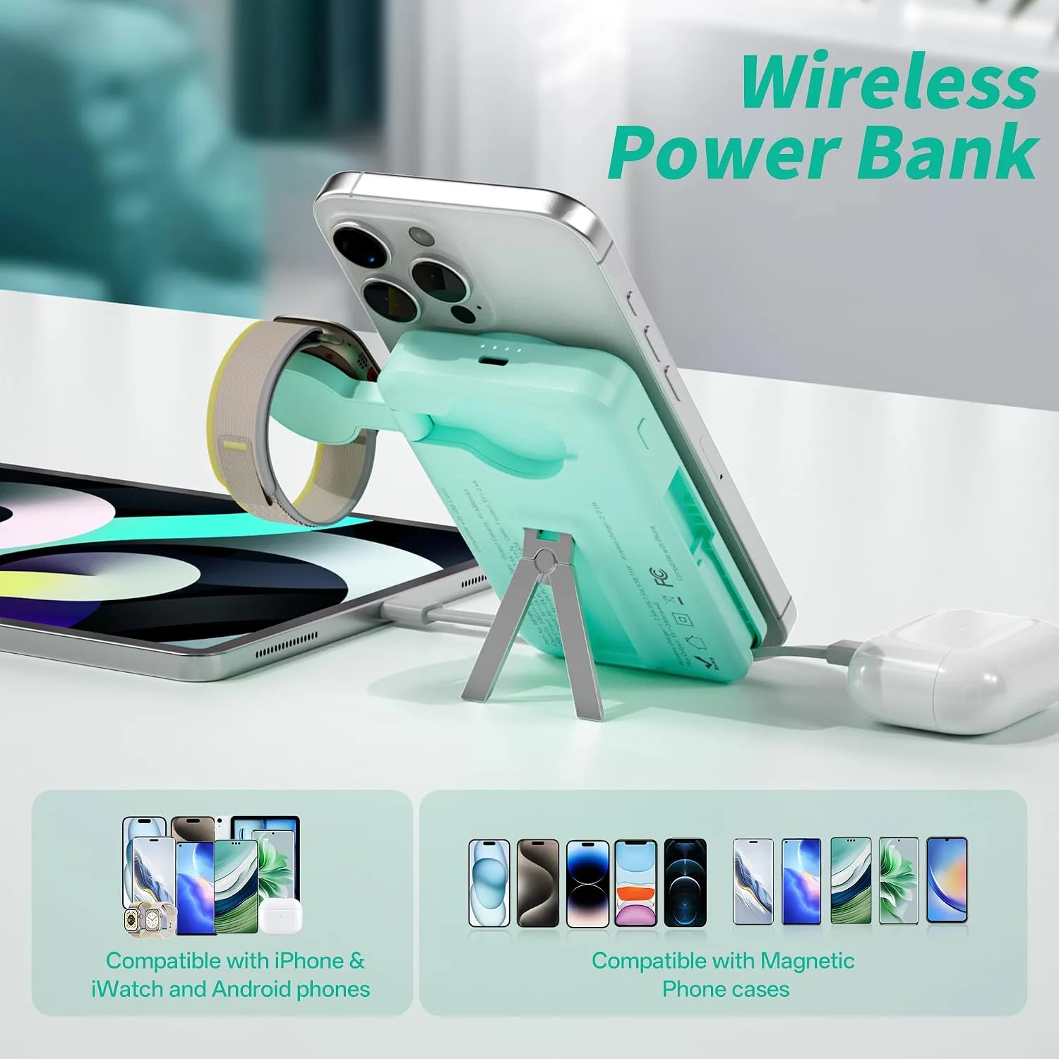 Magnetic Portable Charger Built-in Cables,10000mAh Fast Charging Wireless Charger Station External Battery Pack Slim Pocket Size Power Bank with Stand Compatible with iWatch, iPhone