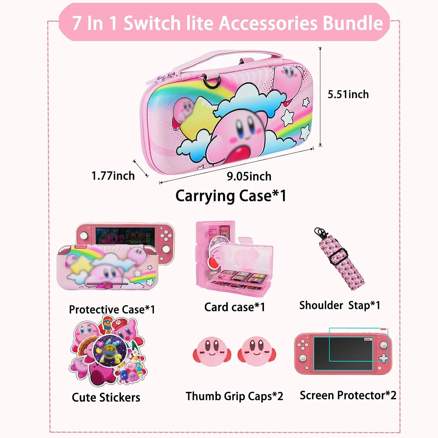 TIKOdirect Carrying Case for Switch Lite, Pretty Shockproof Portable Travel Bag with Soft Protective Cover, Screen Protectors, Cute Thumb Grips Caps and Game Card Case, Pink Rainbow